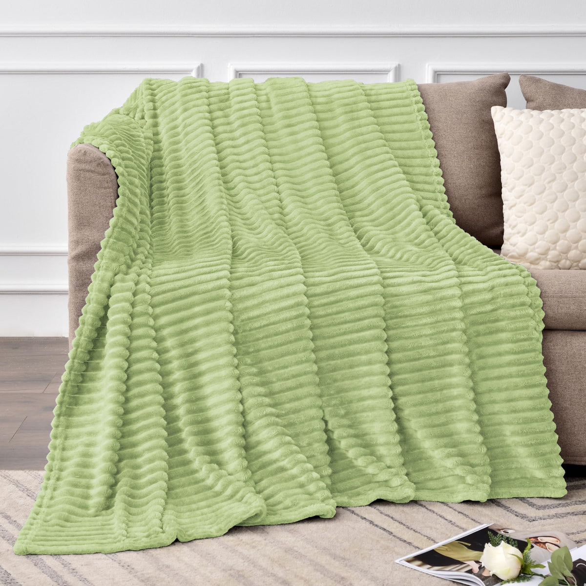 Bedelite Sage Green Throw Blanket For Couch, 3D Ribbed Jacquard Soft & Cozy Fleece Blanket, Fluffy, Plush Lightweight Spring Thr