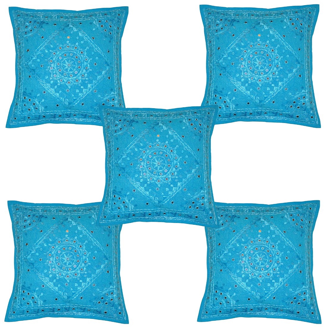 Ekam Art Set Of 5 Pc Rajasthani Handmade Cotton Cushion Covers Mirror Embroidery Work Design Sofa Waist Throw Pillow Case (Size