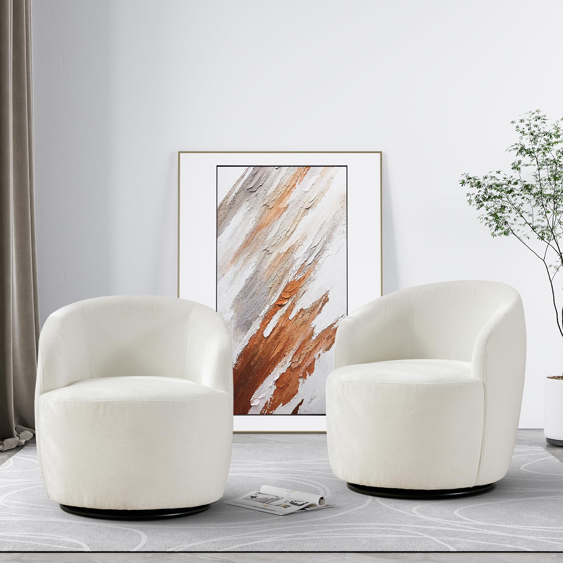 Wrofly Swivel Barrel Chair Set Of 2, 360 Degree Boucle Swivel Accent Chair, Upholstered Chenille Round Armchair, Modern Small Re