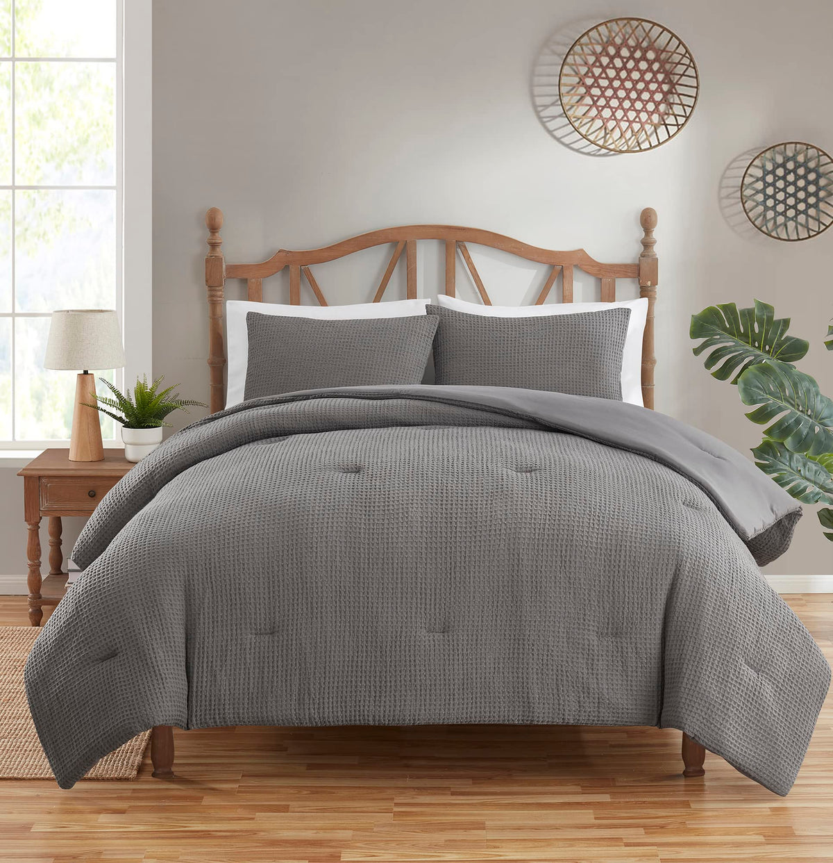 King Size Comforter Set 3 Piece Waffle Weave Ultra Soft Bedding Collection With Shams, King, Dark Gray