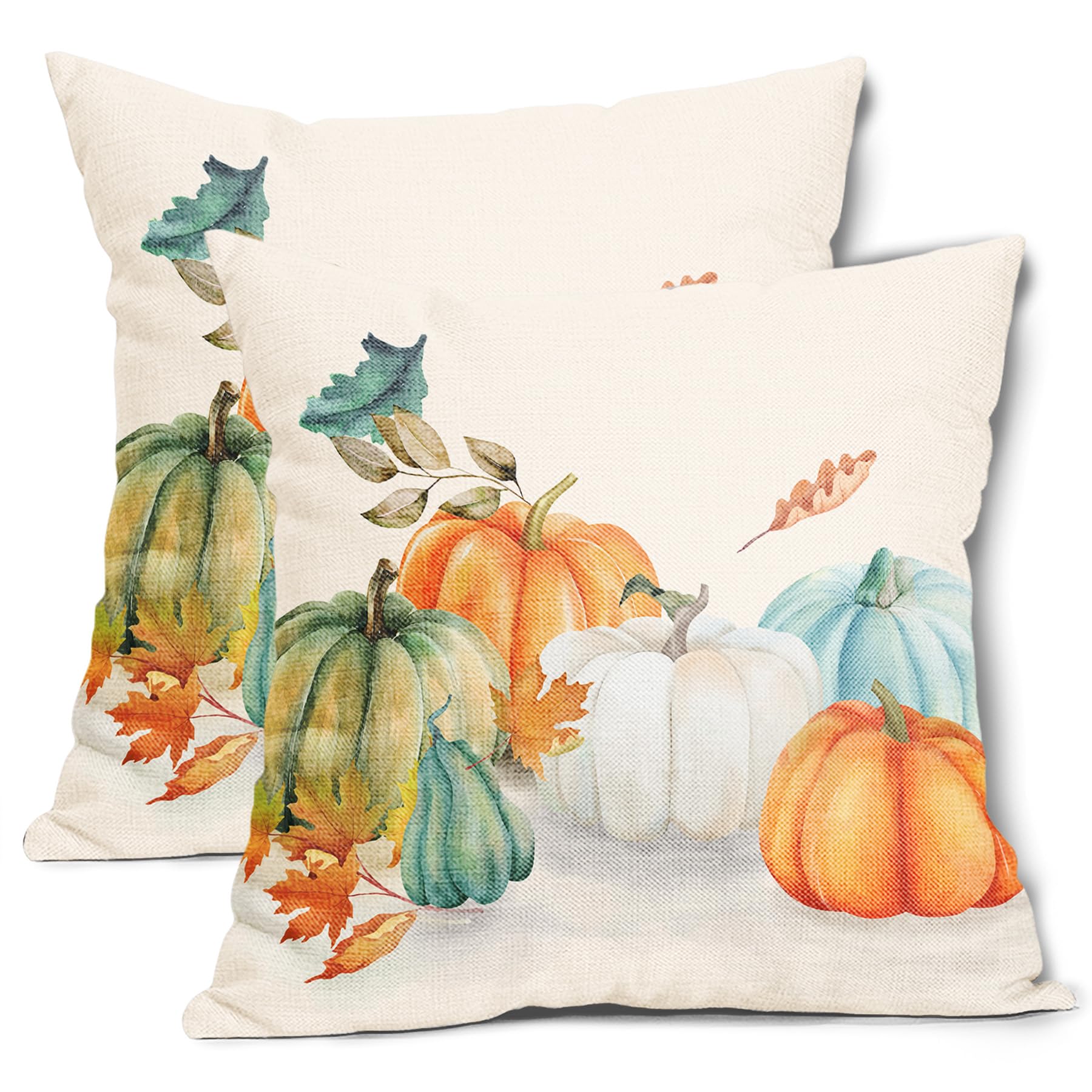 Fall Maple Leaves Pillow Covers 18X18 Inch Teal Orange White Green Pumpkins Decorative Couch Pillow Cases Set Of 2 Autumn Thanks