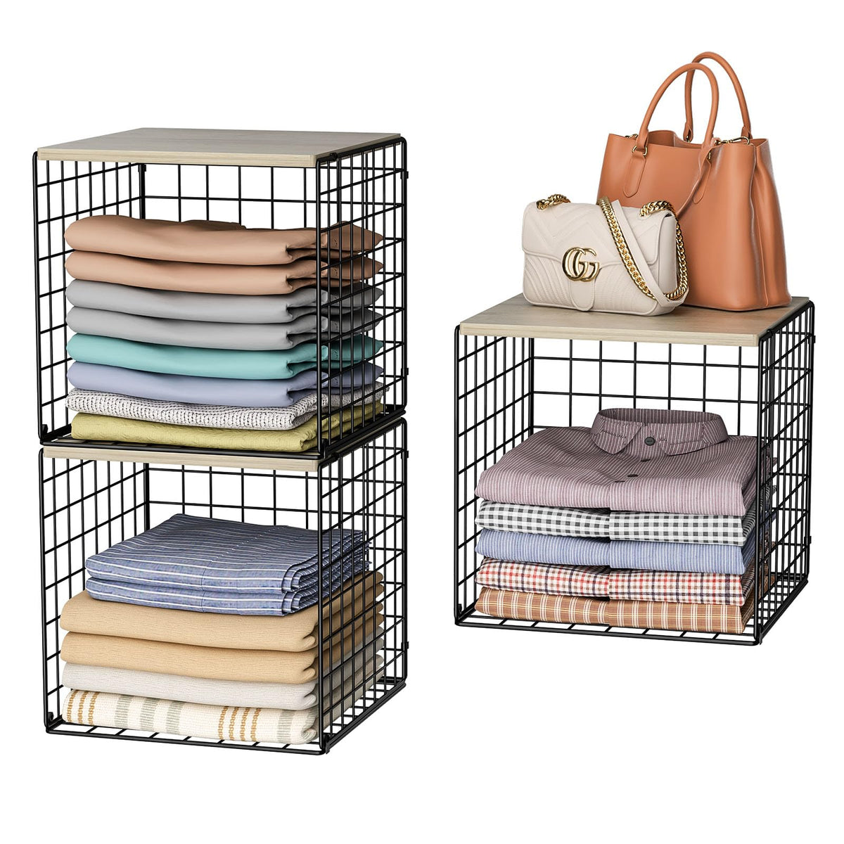 3PCS Stackable Closet Organizers and Storage, Shelves with Wood Top Extra Storage, Clothes Organizer Basket, Bin, or Tube for Wa