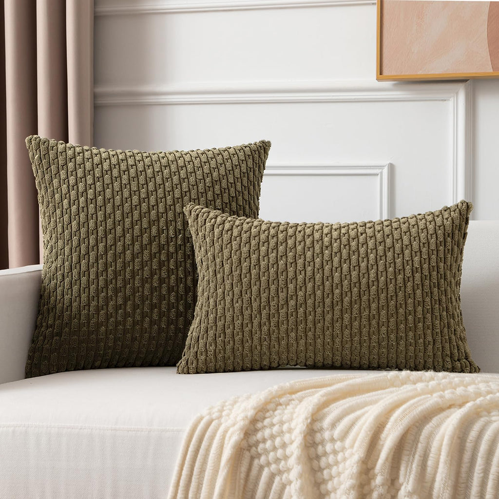 Kevin Textile Pack Of 2 Corduroy Decorative Throw Pillow Covers 18X18 Inch Soft Boho Striped Pillow Covers Modern Farmhouse Home Decor For Sofa Living Room Couch Bed Olive Green
