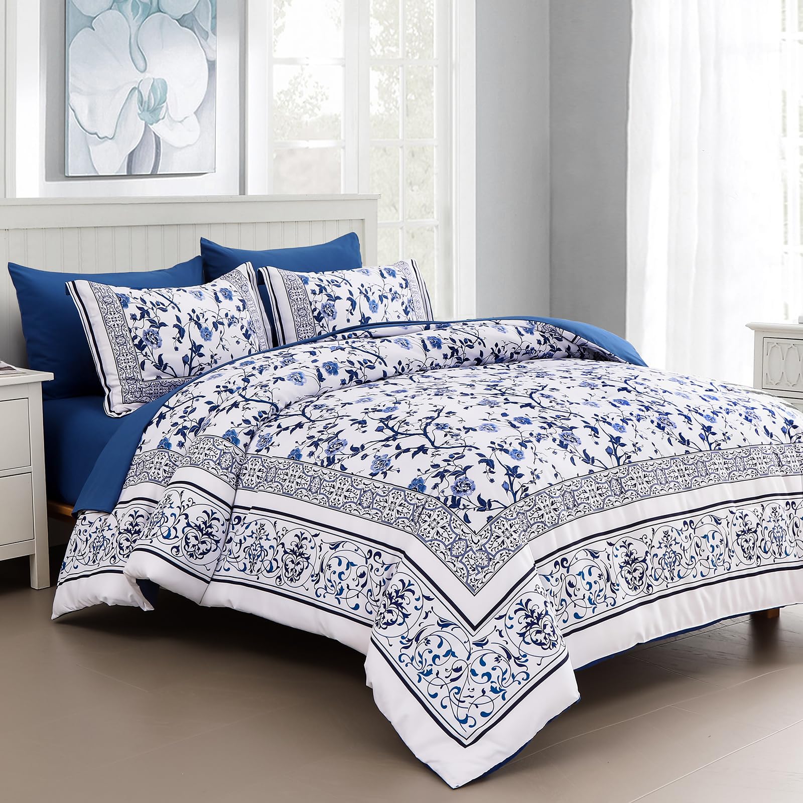 Dobuyly Floral King Size Comforter Set, Blue Flowers On White Botanical Bedding Set 7 Piece Bed In A Bag King, Soft Microfiber B