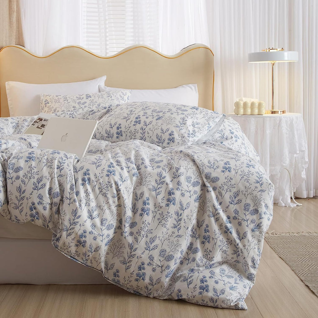 Lifetb Boho Floral Duvet Cover Twin Soft Cotton Blue Floral Bedding Sets Vintage Style Chic Flower Botanical Duvet Cover Aesthet