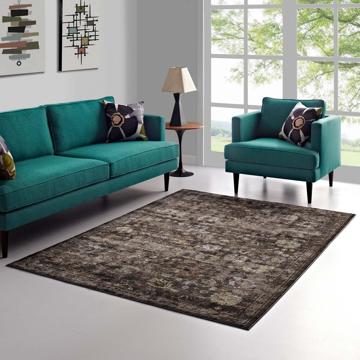 Modway Minu Distressed Floral Lattice 4X6 Area Rug In Black, Yellow And Orange