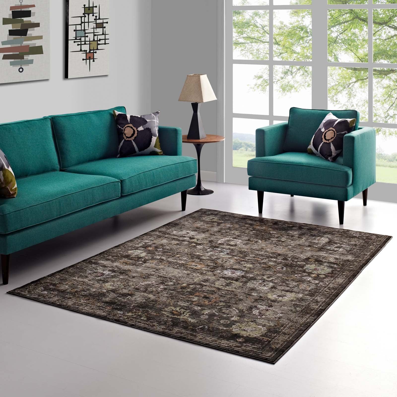 Modway Minu Distressed Floral Lattice 4X6 Area Rug In Black, Yellow And Orange