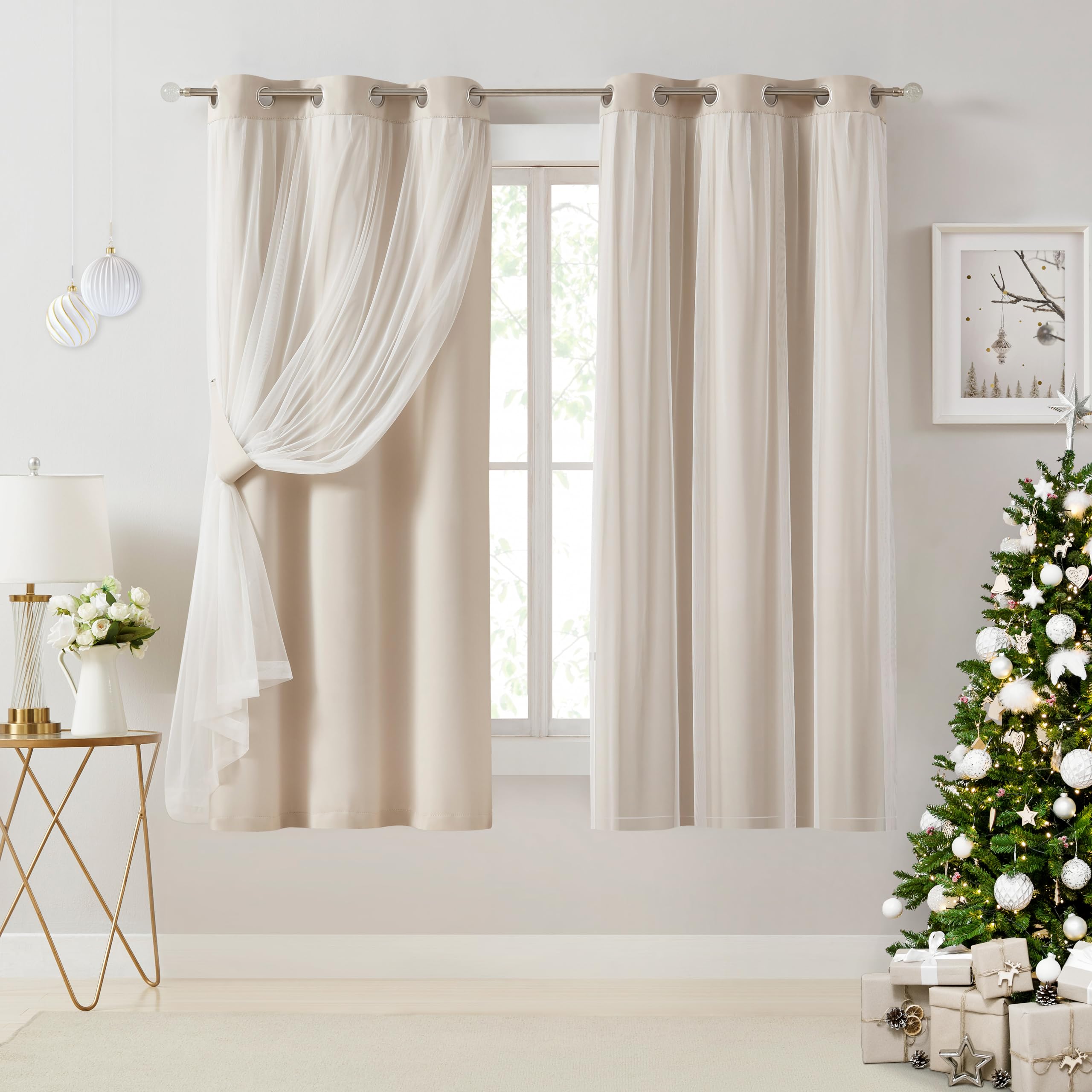 Bujasso Beige 90% Blackout Curtains With Sheer Overlay Mix And Match Double Layer Thermal Insulated Window Panels 63 Inch For Li