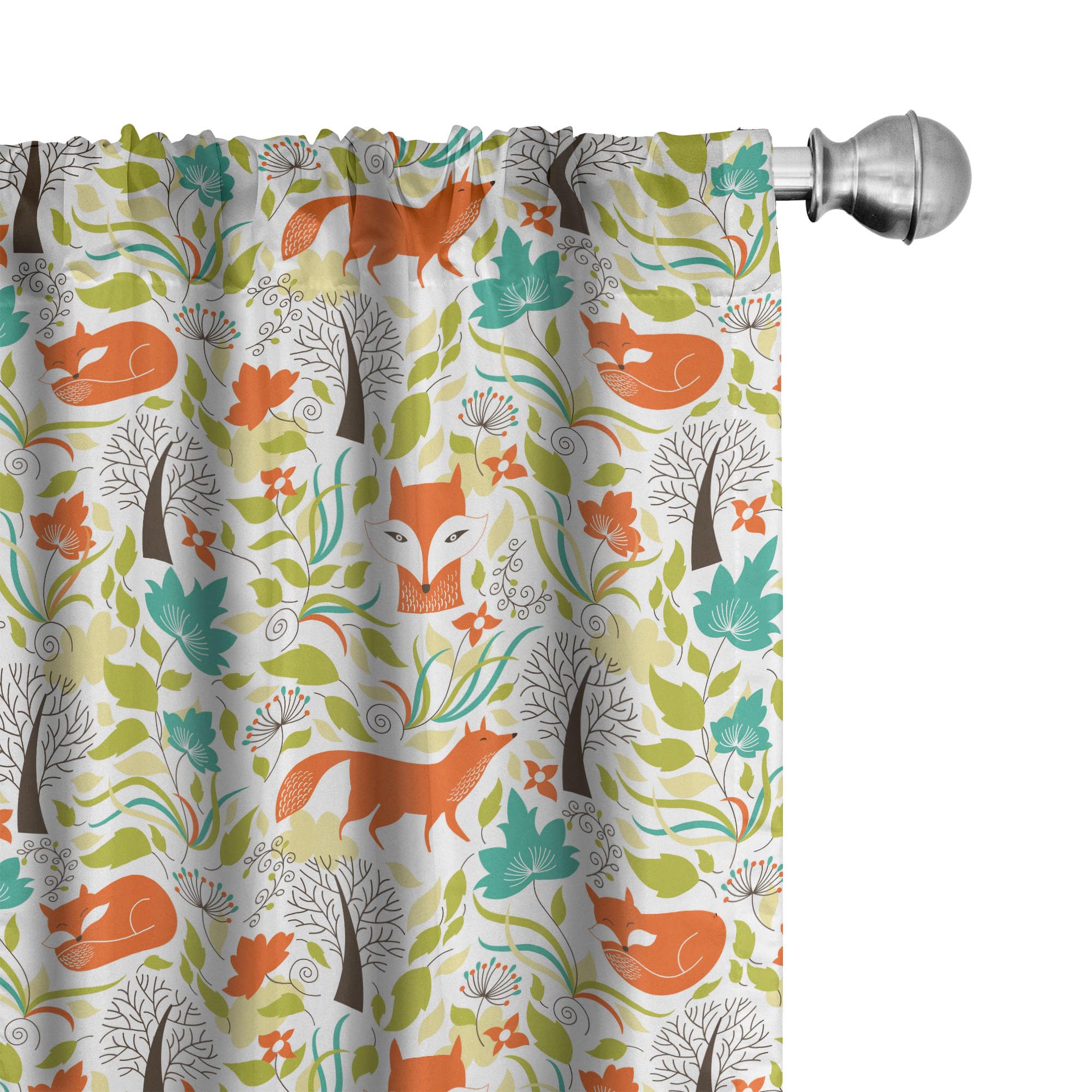 Ambesonne Cartoon Window Curtains, Wild Fox Wolf with Leaves Flowers and Leafless Trees Print, Lightweight Decorative Panels Set