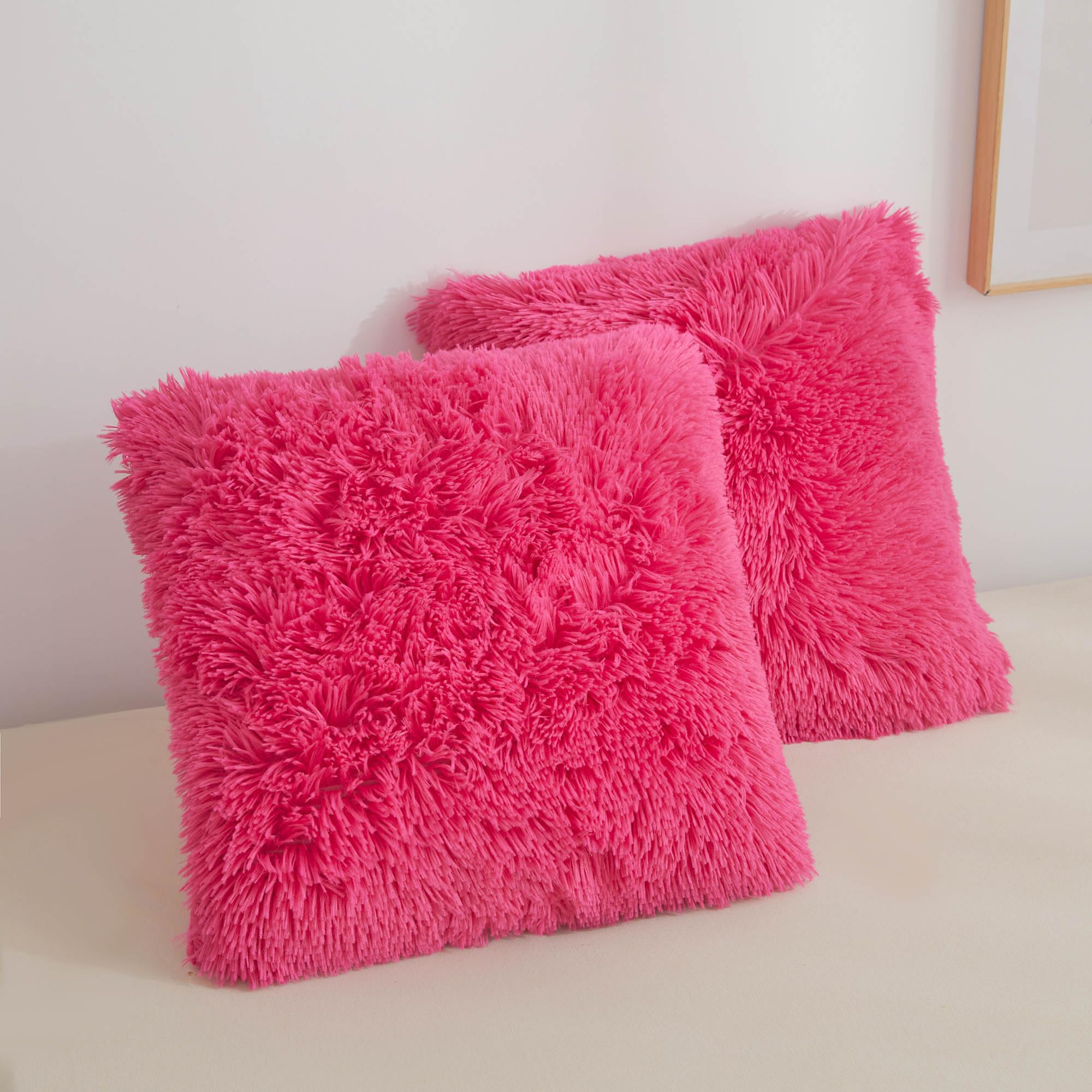 Xege Faux Fur Throw Pillow Covers, Luxury Fluffy Plush Hot Pink Pillow Shams, Shaggy Furry Decorative Pillow Fuzzy Cushion Cover