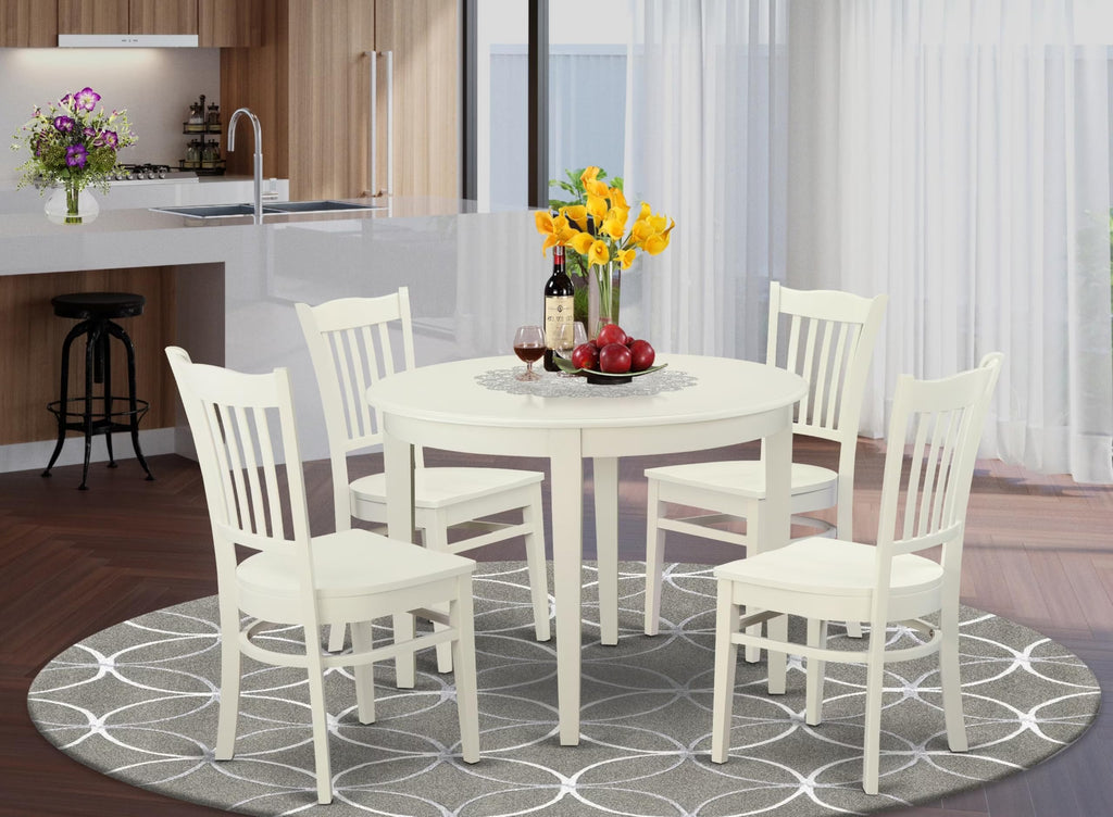East West Furniture BOGR5-WHI-W 5 Piece Dining Room Furniture Set Includes a Round Kitchen Table and 4 Dining Chairs, 42x42 Inch, Linen White