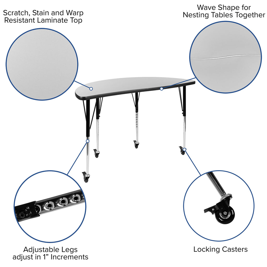 Flash Furniture Emmy Mobile 47.5" Circle Wave Flexible Laminate Activity Table Set with 18" Student Stack Chairs, Grey/Black