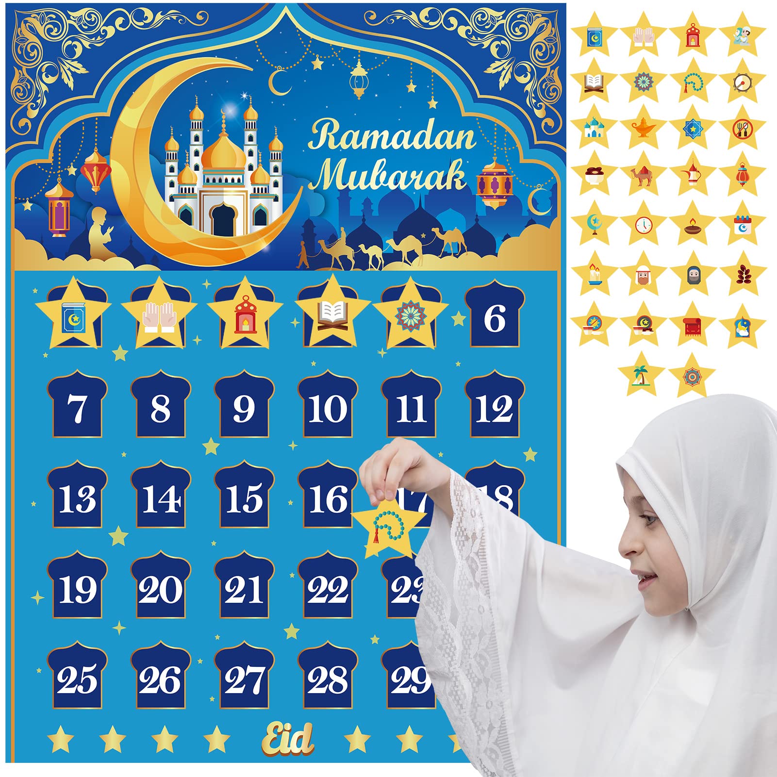 HOWAF Ramadan Calendar, Eid Mubarak Calendar Countdown 2024 for Eid Party Supplies, Ramadan Advent Calendar Poster with 30 Count