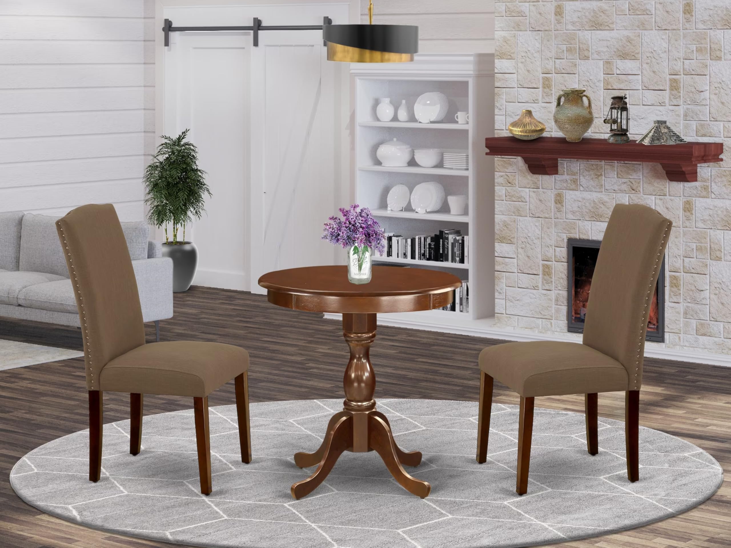 East West Furniture Esen3-Mah-18 3 Piece Dinette Set For Small Spaces Contains A Round Dining Table With Pedestal And 2 Dark Coffee Linen Fabric Upholstered Chairs, 30X30 Inch, Mahogany