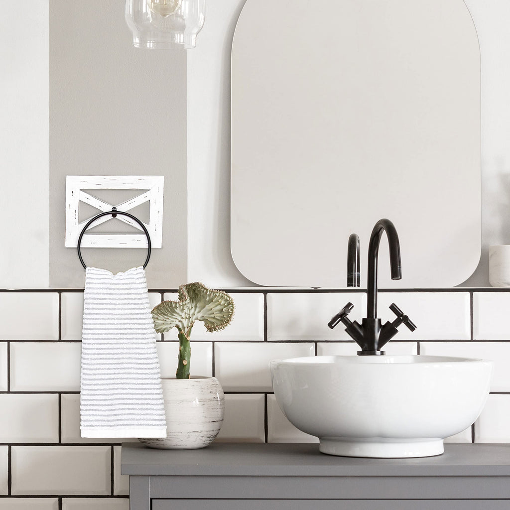 Ilyapa Rustic Hand Towel Ring For Bathroom- Wall Mounted Bathroom Hand Towel Holder - White Wood & Black Metal Ring, Farmhouse D