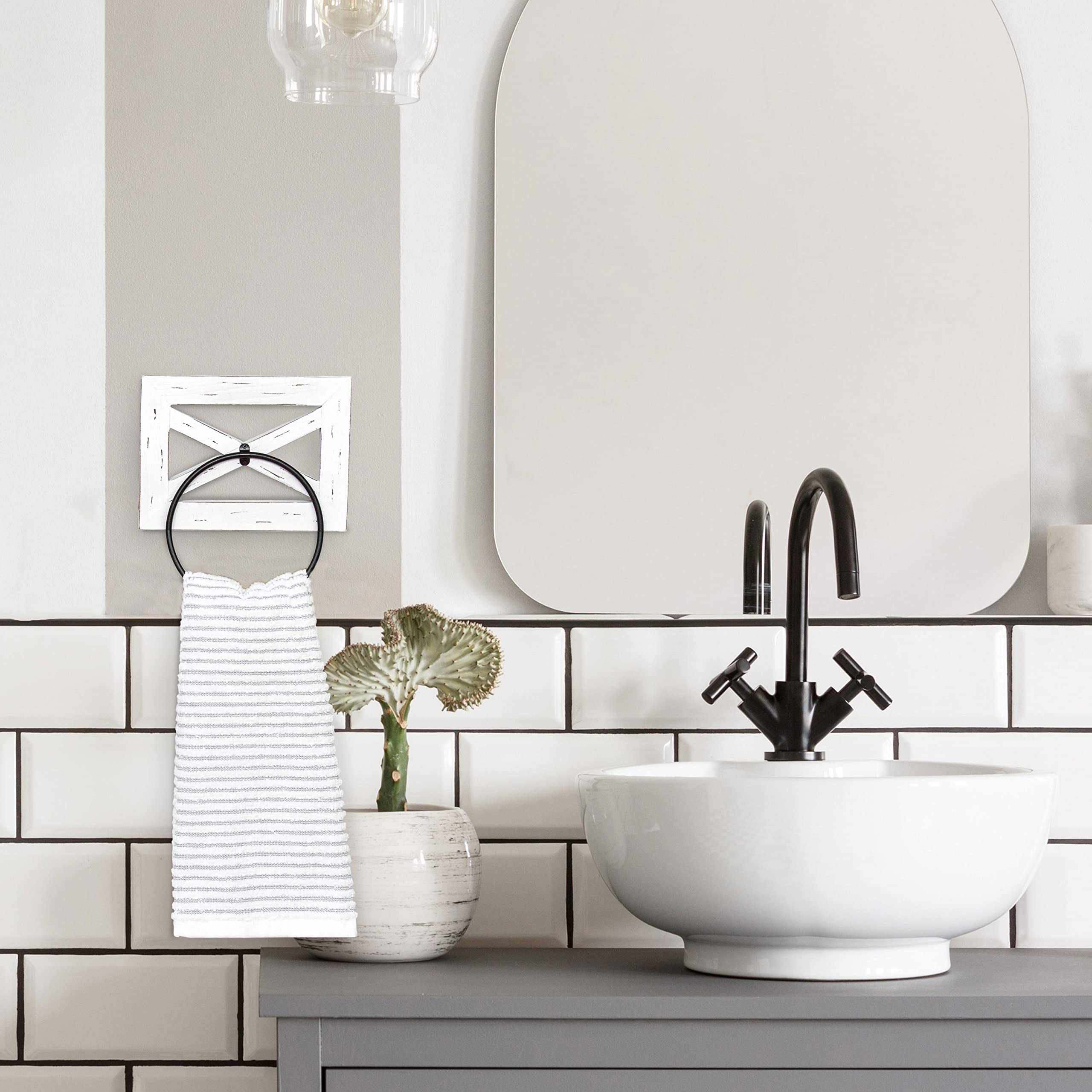 Ilyapa Rustic Hand Towel Ring For Bathroom- Wall Mounted Bathroom Hand Towel Holder - White Wood & Black Metal Ring, Farmhouse D