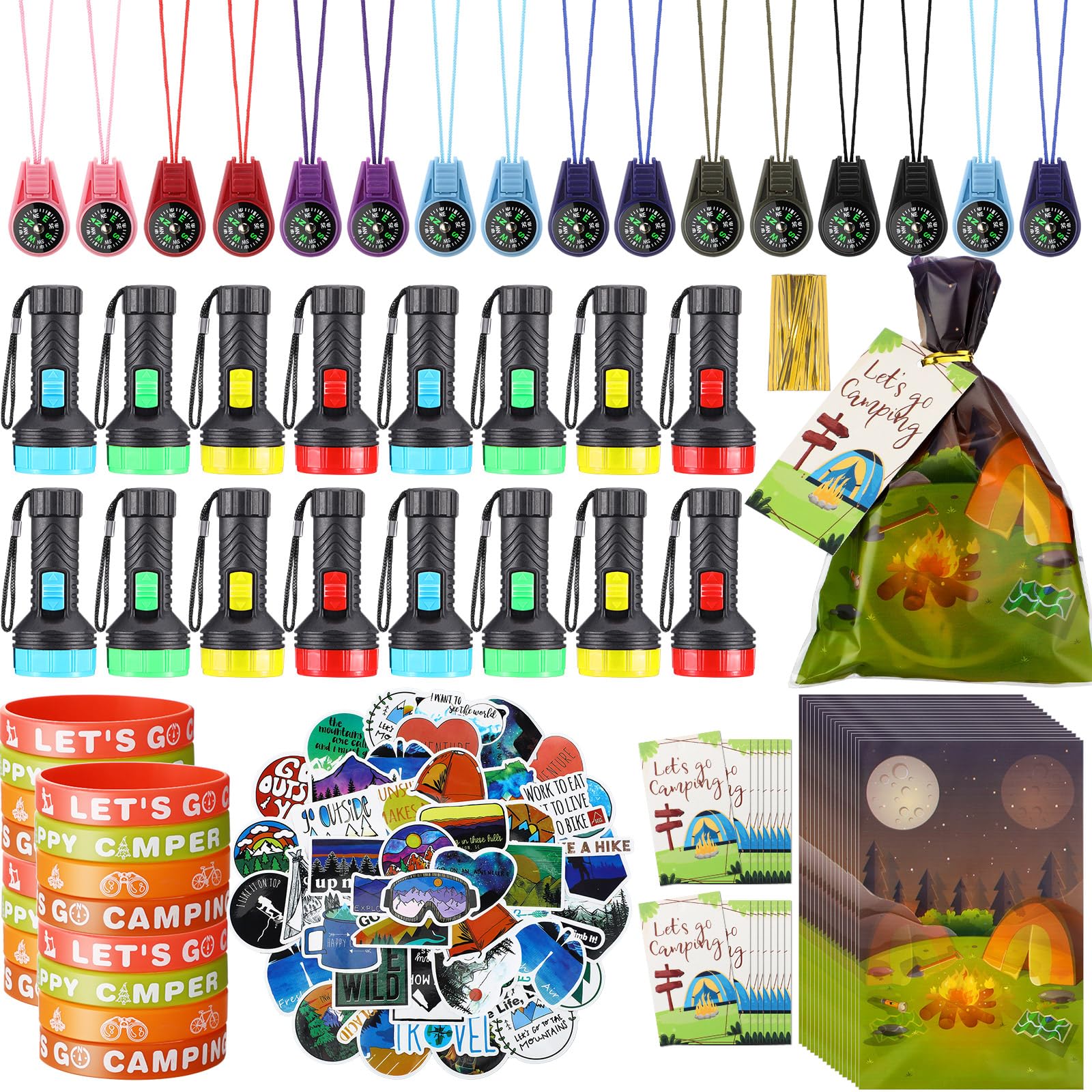 Fumete 170 Pcs Camping Party Favors Happy Camper Party with Silicone Bracelets, Mini Compass, Mini Flashlight Keychains, Sticker