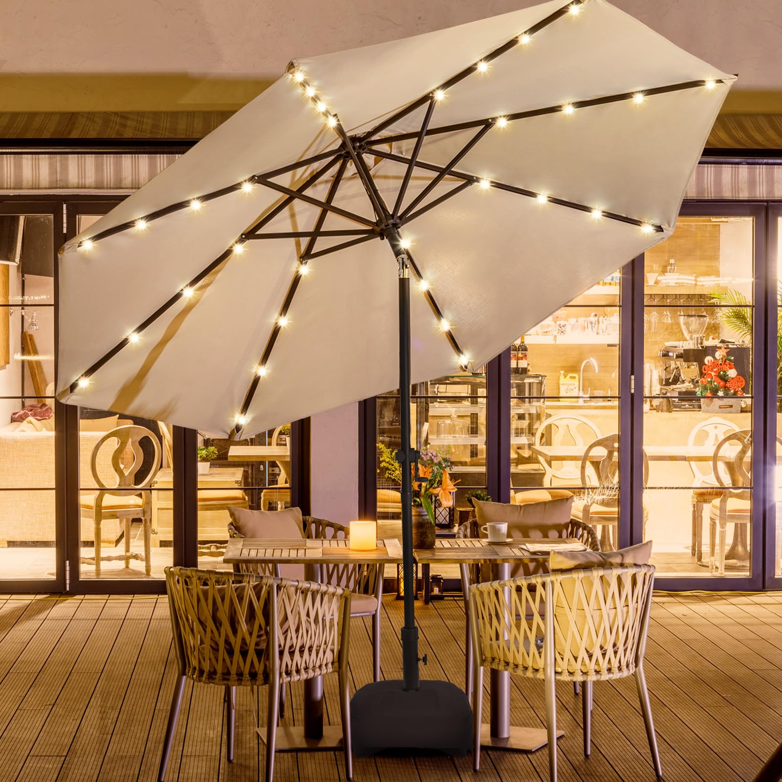 Wikiwiki 11Ft Solar Led Patio Table Umbrella, Outdoor Sturdy Market Umbrella For Deck, Pool, Garden W/Tilt, Crank, 32 Led Lights