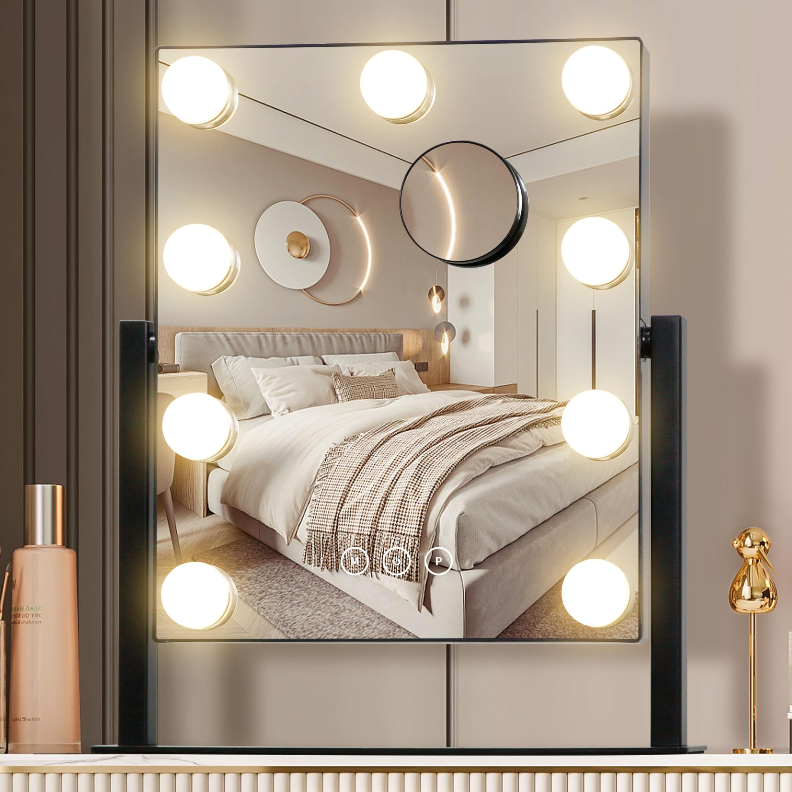 Nusvan Vanity Mirror With Lights,Makeup Mirror With Lights With 9 Dimmable Led Bulbs, 3 Color Lighting Modes Detachable 10X Magn