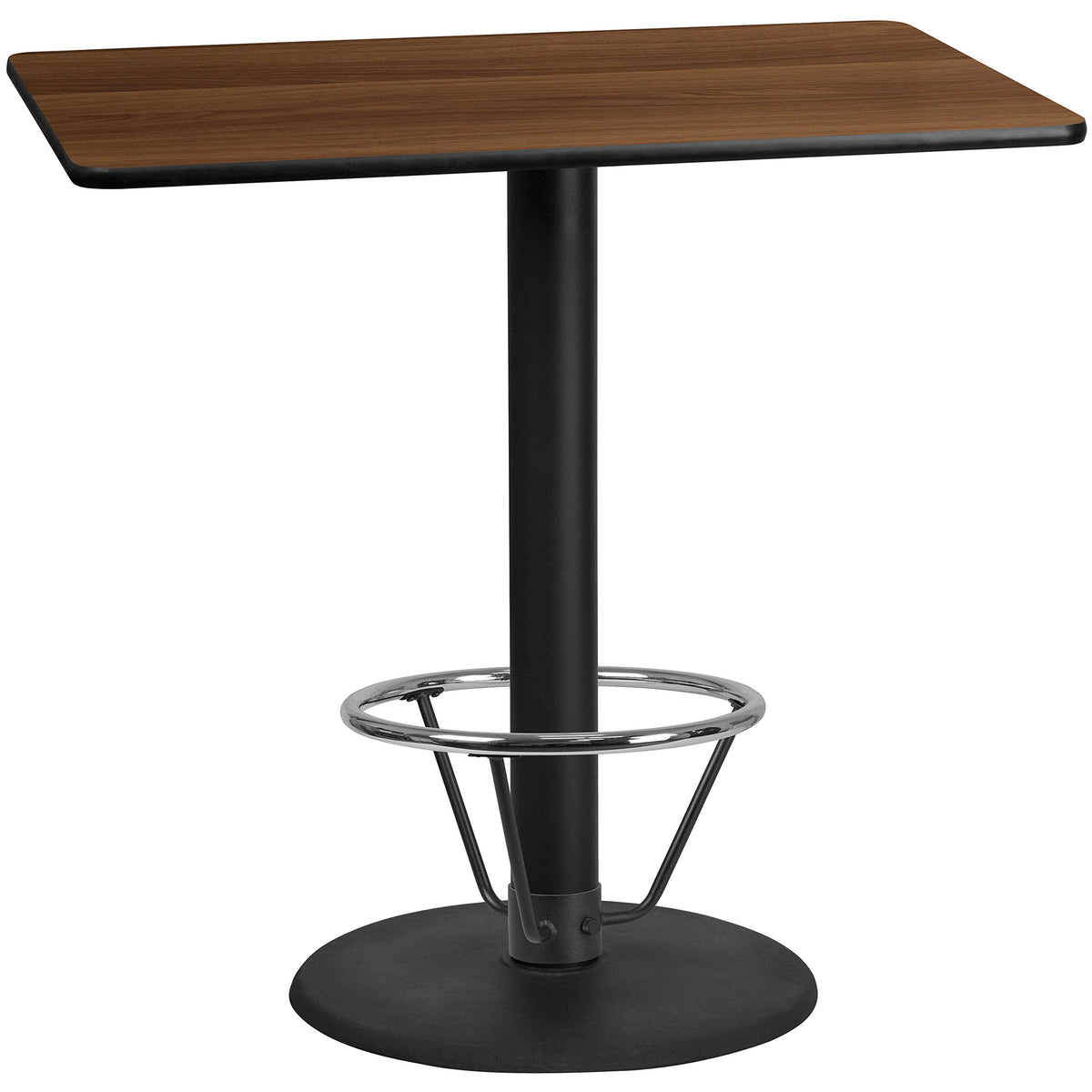 Flash Furniture Stiles 30'' x 48'' Rectangular Walnut Laminate Table Top with 24'' Round Bar Height Table Base and Foot Ring