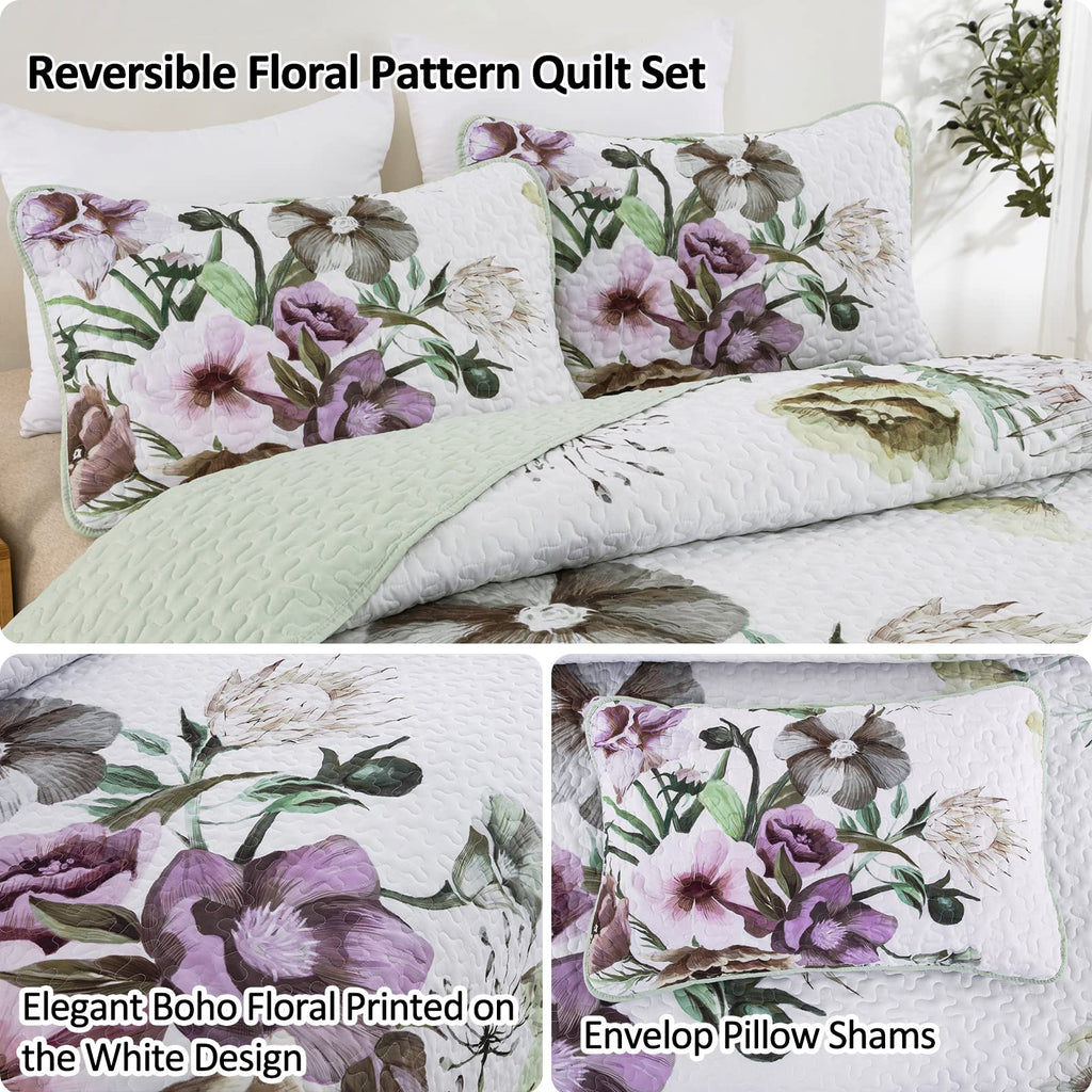 Drucon Floral Quilt Set Queen 3 Pieces Boho Green Quilt Coverlet Set Soft Microfiber Lightweight Green Quilted Bedspread For All