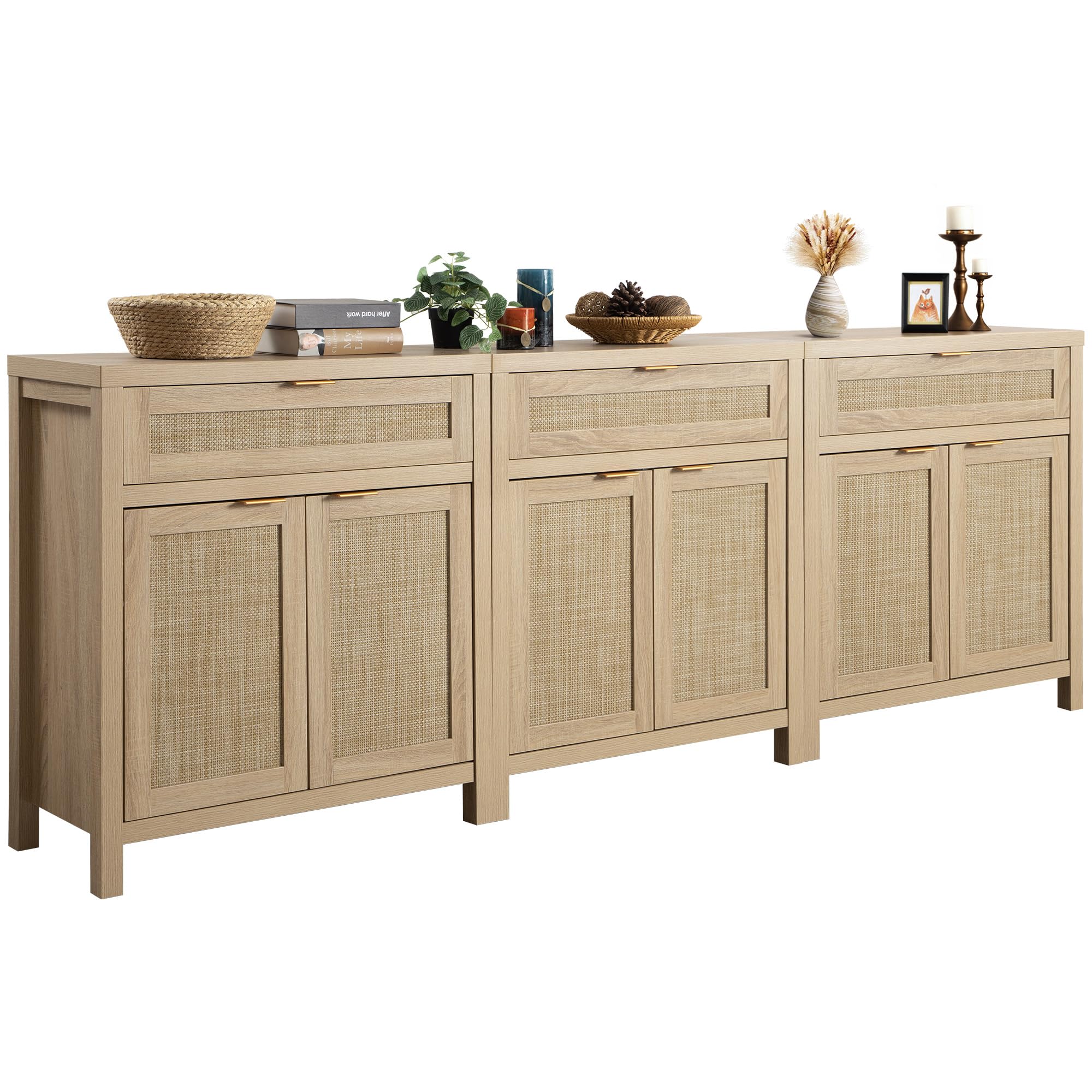 Sicotas Sideboard Buffet Storage Cabinet Set Of 3, Rattan Credenza Buffet Table, Boho Console Accent Cabinet With Doors And Drawer, Coffee Bar Cabinet For Kitchen Entryway Living Room, Natural