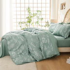 Muxhomo Bed In A Bag Queen 7 Pieces, Sage Green Queen Comforter Set Reversible Botanical Flowers Design, Ultra Soft & Breathable
