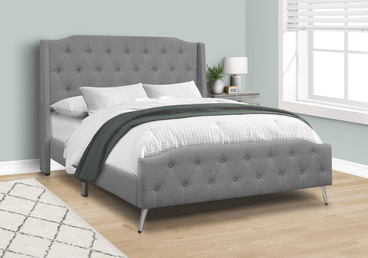 Monarch Specialties I 6045Q Bed, Frame, Platform, Bedroom, Queen Size, Upholstered, Linen Look Fabric, Metal Legs, Grey, Chrome, Contemporary, Modern