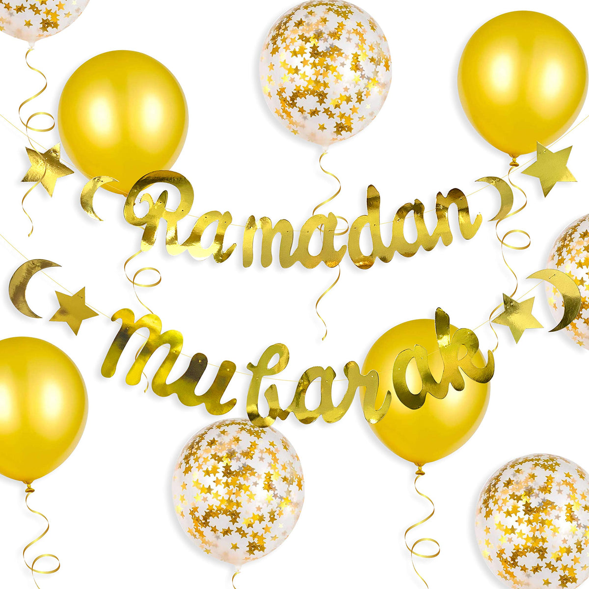 Festiko Ramadan Mubarak Banner Eid Decorations Metallic Hanging Star Moon Crescent Garland Islam Muslim Bunting Sign for Home Ma