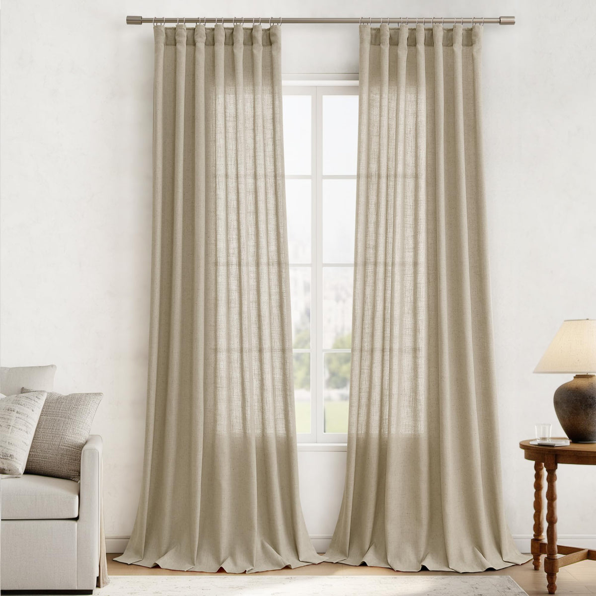 Joywell Tan Hook Belt Linen Semi Sheer Curtains 108 Inches Length Long Rod Pocket Back Tab Hook Belt Clip Rings Window Curtains Drapes For Bedroom Living Room 2 Panels 52X108