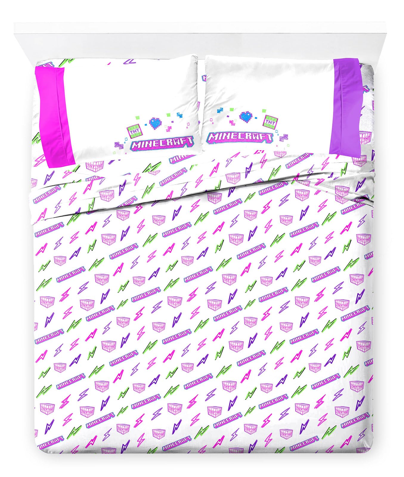 Jay Franco Minecraft Full Size Sheet Set - Super Soft Kids 4 Piece Cyber Neon Bedding Set Features Creeper - Microfiber Sheets I