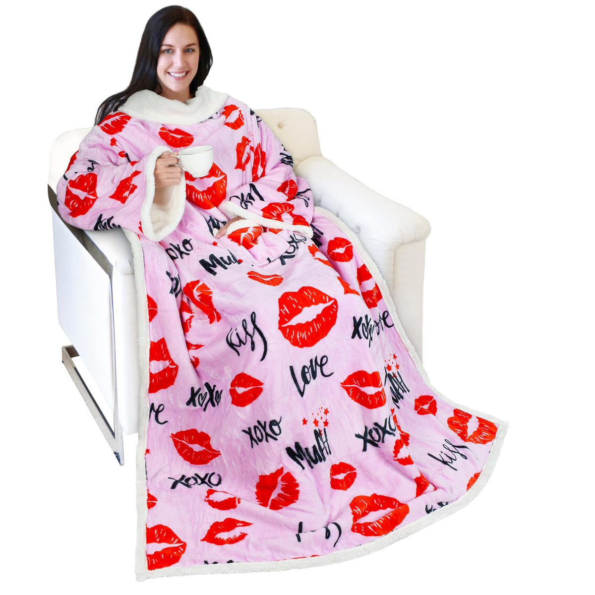 Catalonia Kiss Lips Sherpa Wearable Blanket With Sleeves Arms, Comfy Sleeved Tv Wrap Blanket, Large Snuggly Throw For Women And