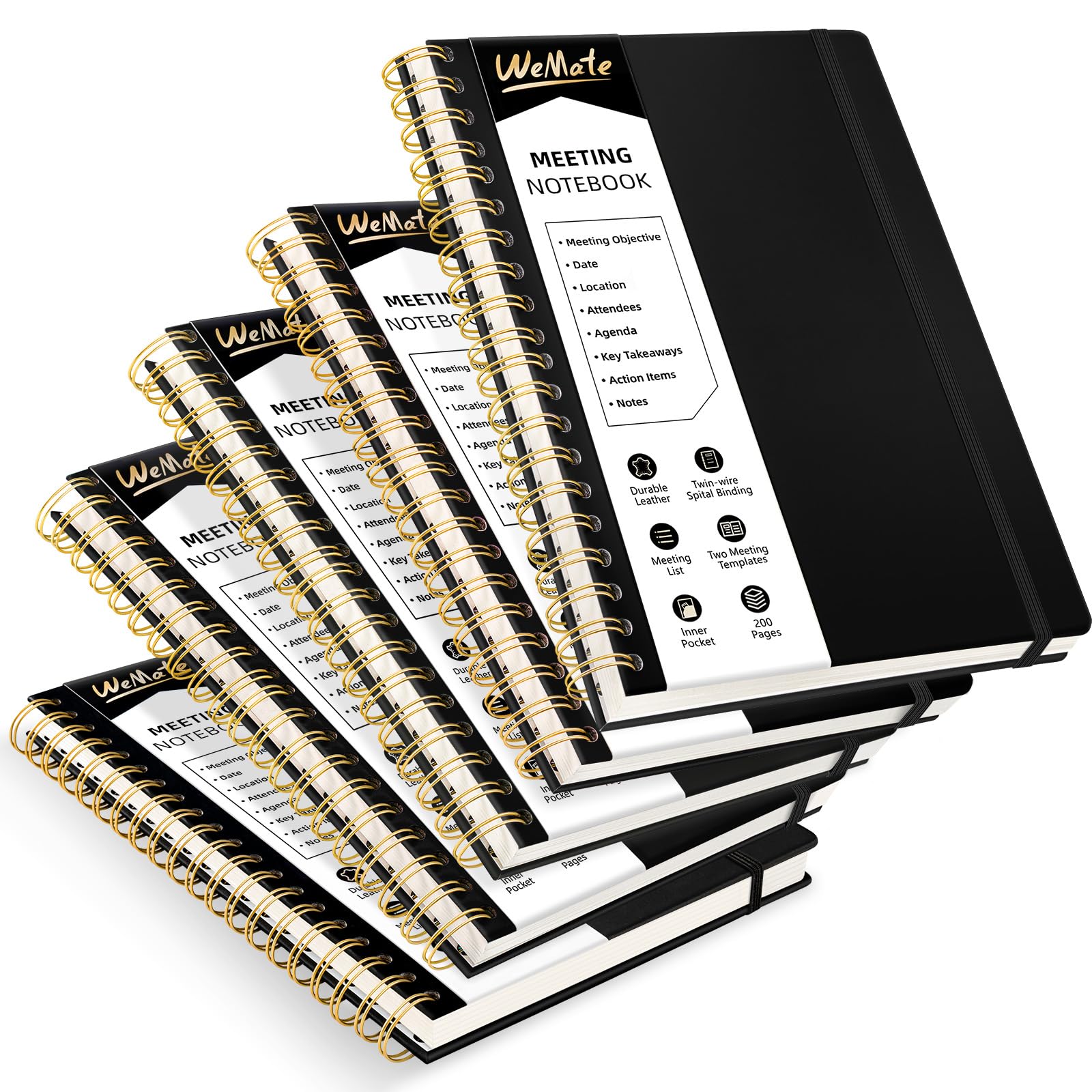 Wemate 5 Pack Meeting Notebooks For Work With Action Items 200 Pages, Office Supplies For Note Taking, Keep Agenda Organized, Pu