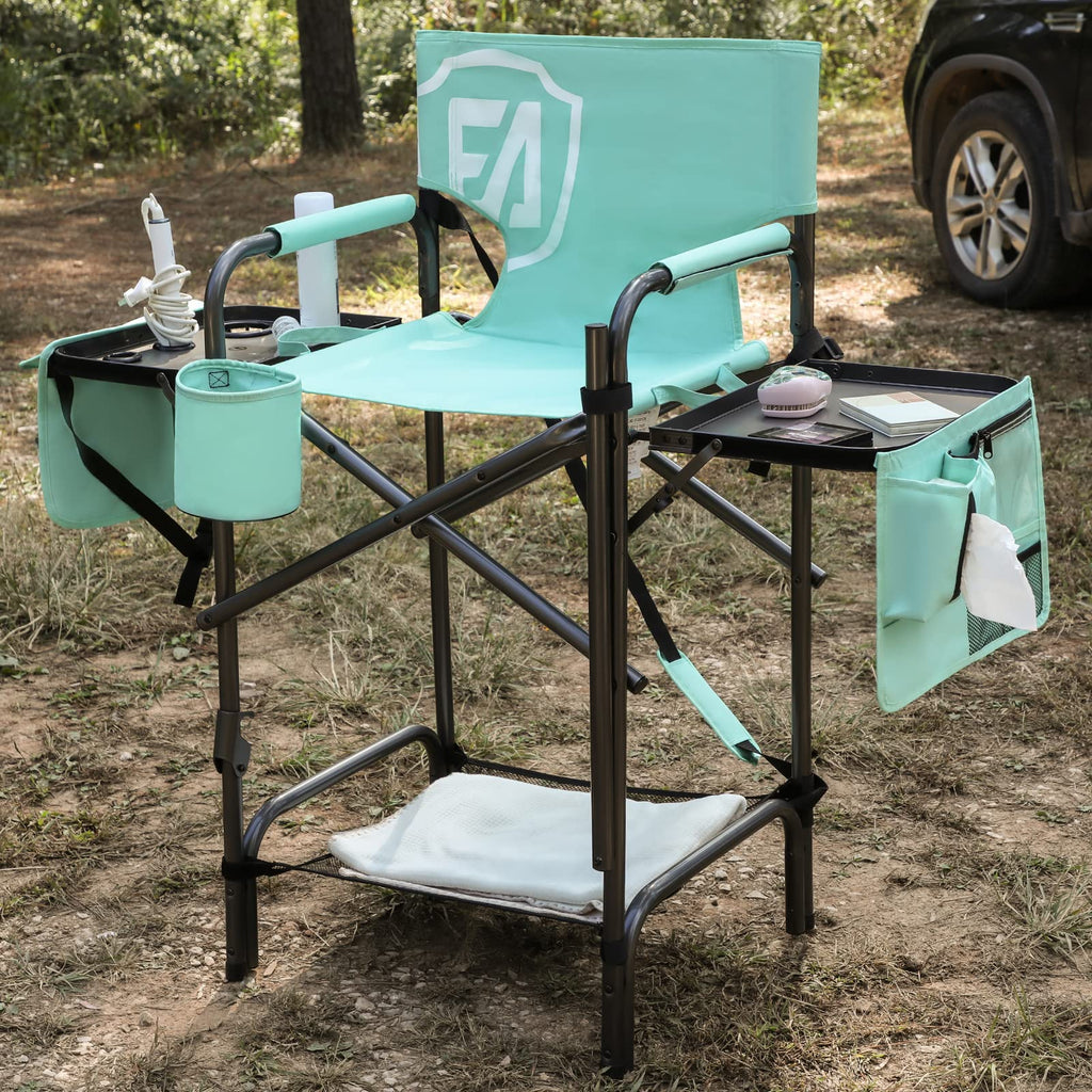 Ever Advanced 31' Tall Portable Makeup Artist Chair For Clients Directors Chair With Two Side Tables, Foldable Folding Chair For Mua, Craft Shows, Hair Stylist, Salons, Movie Sets 350Lbs Green
