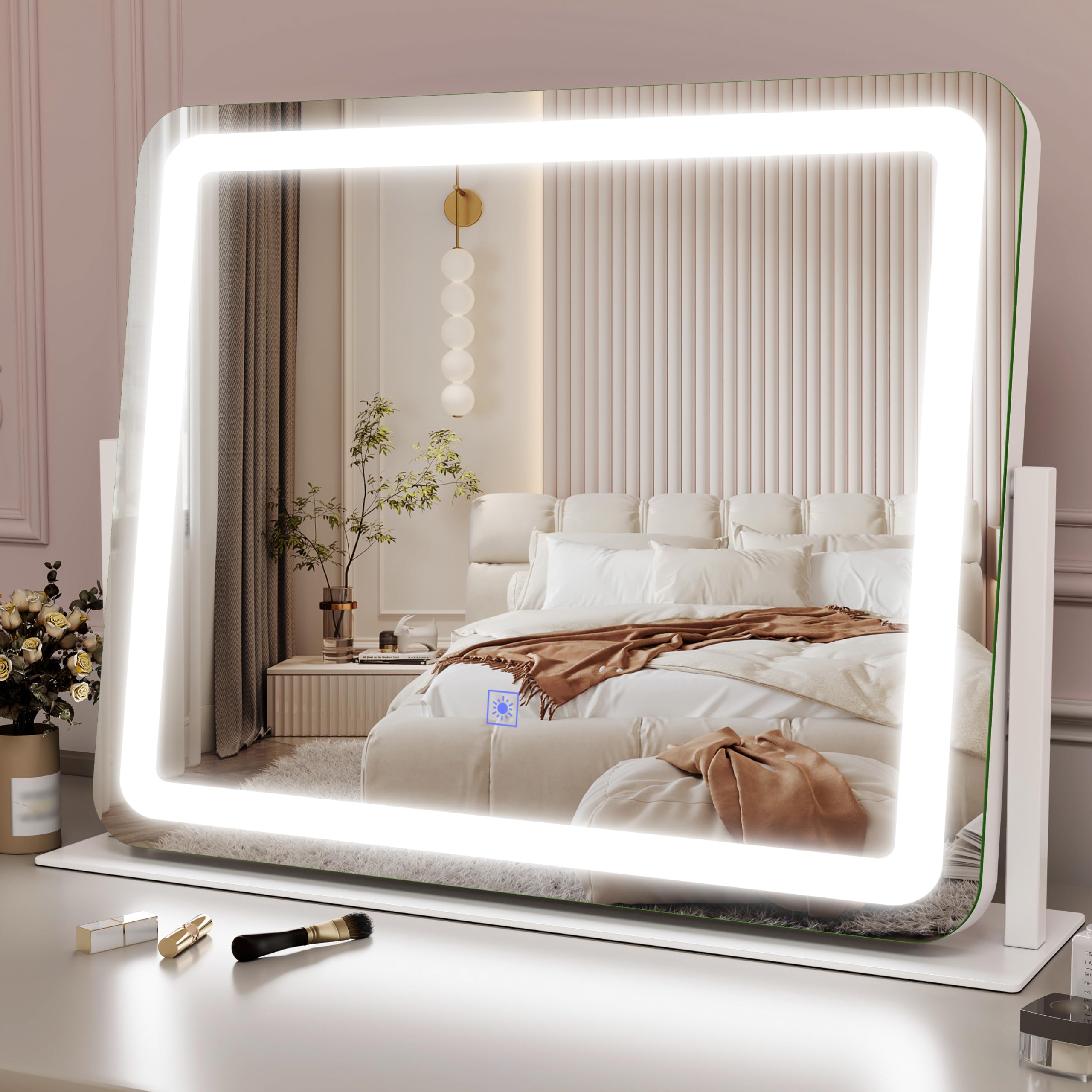 ROLOVE Vanity Mirror Makeup Mirror with Lights, Large Lighted Vanity Mirror, Light Up Mirror with Smart Touch 3 Colors Dimmable,
