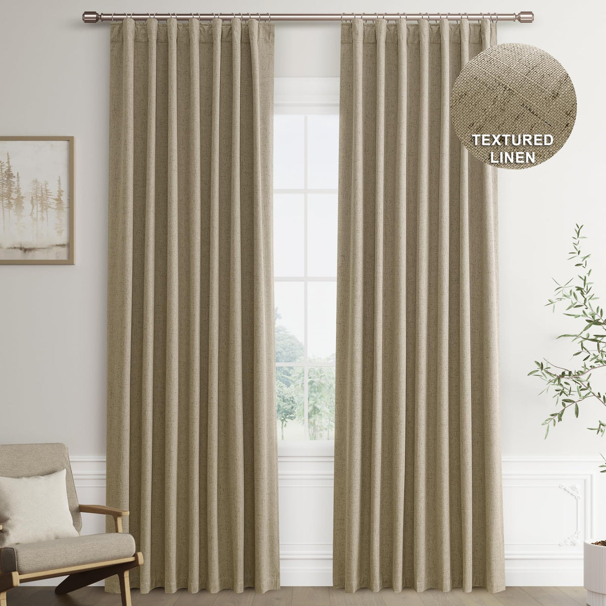Joywell Yellowish Brown Linen 100% Blackout Curtains 96 Inch Long, Rod Pocket/Back Tab/Hook Belt/Clip Rings,Thermal Insulated Drapes For Bedroom Living Room With Hooks,2 Panels,52 X 96