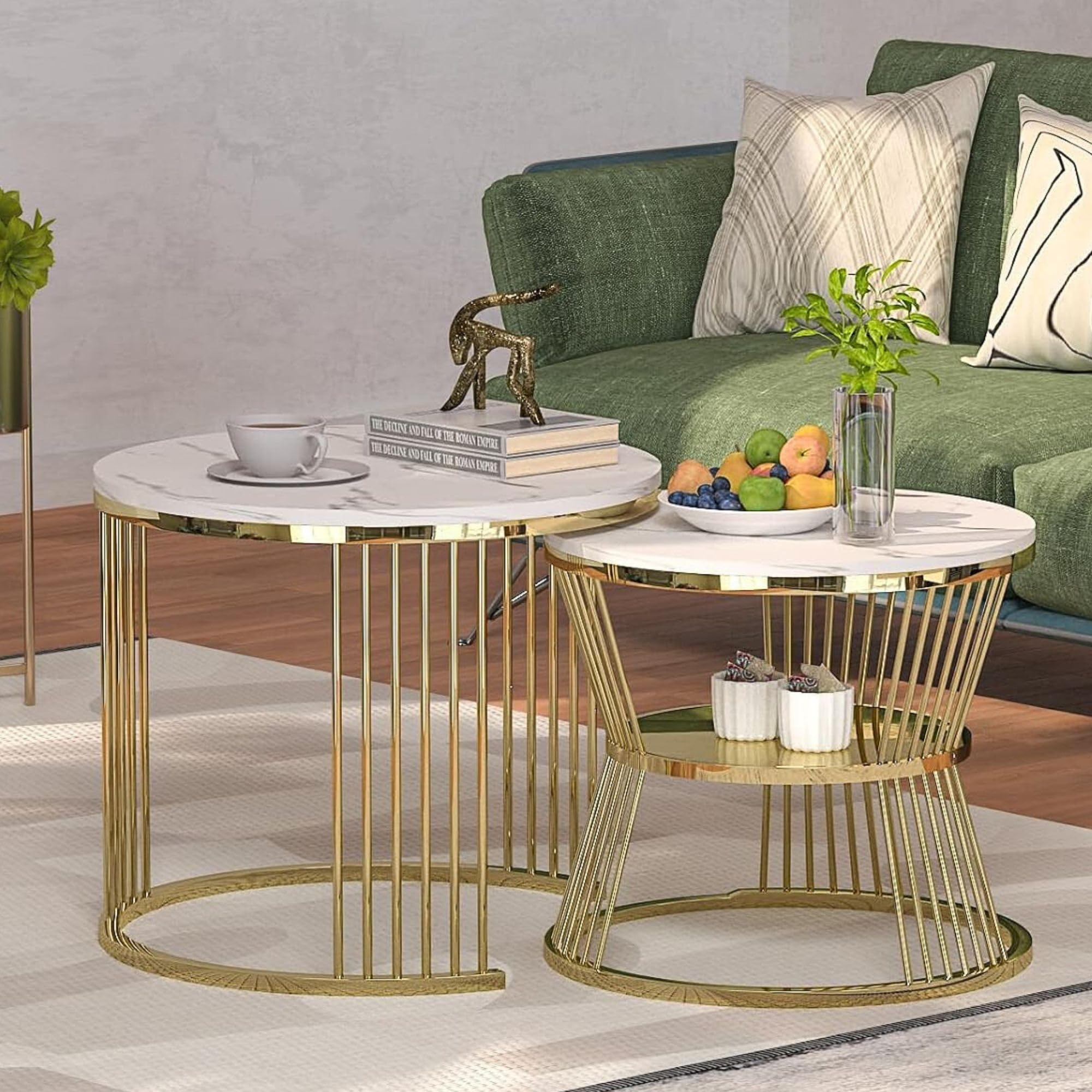 Callas Modern Nesting Coffee Table Set Of 2 With Marble Finish Top And Gold Metal Frame | Round Living Room Center Table For Sof