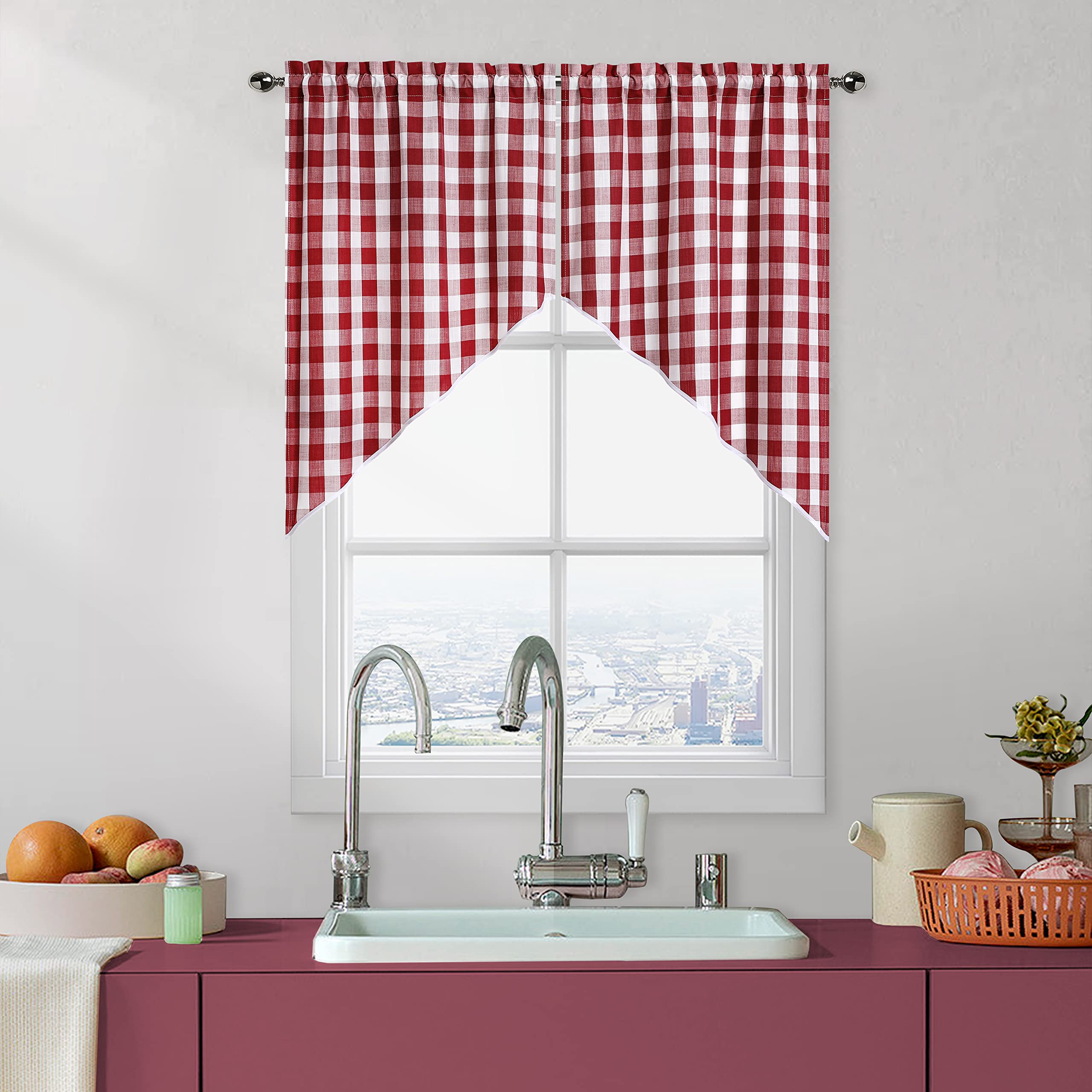 Red White Swag Valance Curtains For Kitchen 36 Inches Length,Burgundy Buffalo Check Farmhouse Pattern Short Bathroom Window Curt