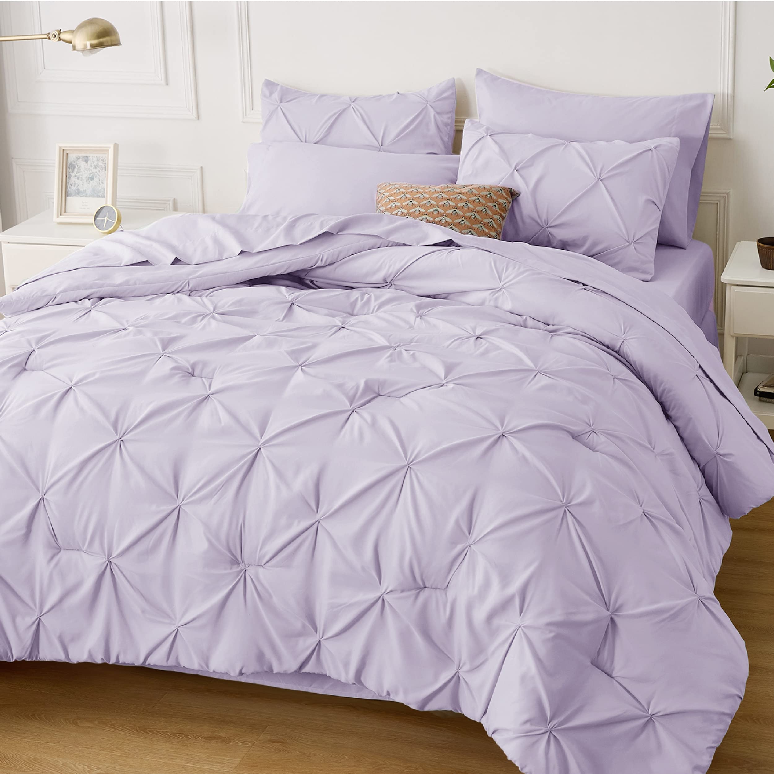 Bedsure Light Purple Comforter Set Queen - Bed In A Bag Queen 7 Pieces, Pintuck Beddding Sets Light Purple Bed Set With Comforte