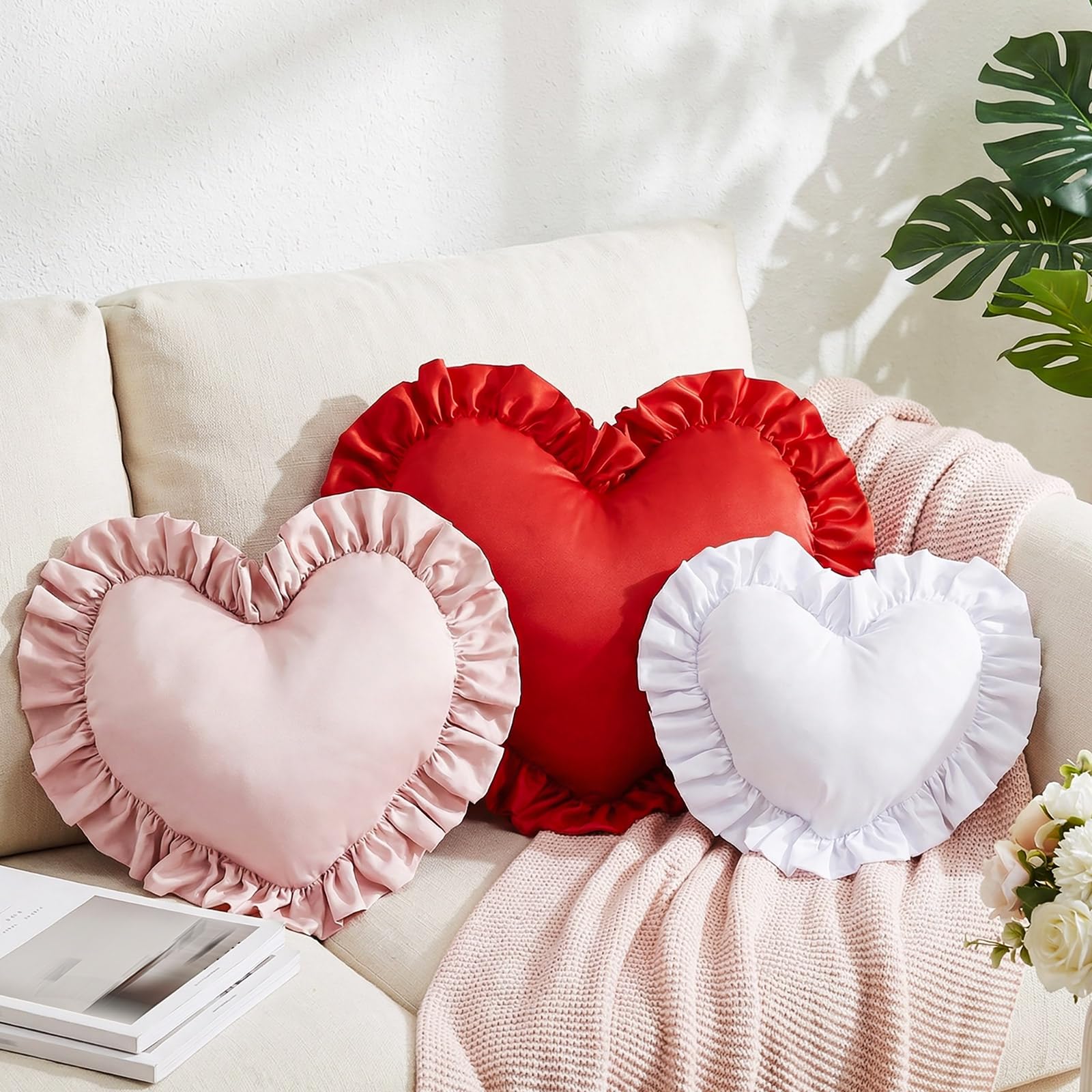 Tingjoo Heart Shaped Throw Pillow Set of 3, Ruffle Valentine s Day Pillows for Couch Sofa Bed, Red Pink White Love Decorative P