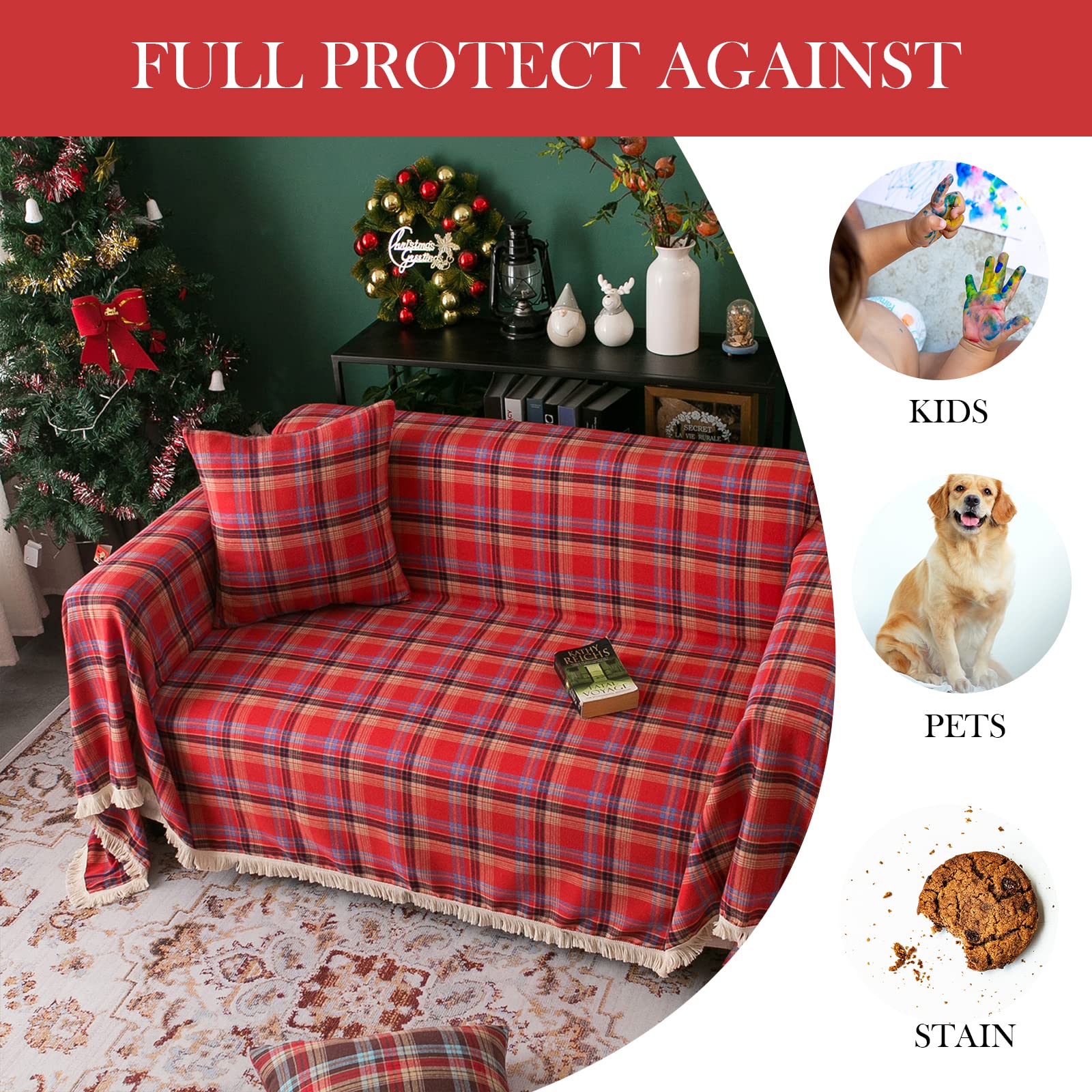 Handontime Red Plaid Couch Cover Christmas Decorations, Sofa Cover For Couch Buffalo Check Sectional Couch Covers For Dogs Cats Red And Black Grid 3 Seater Couch Cover Couch Cushion Covers, 71'X 118'