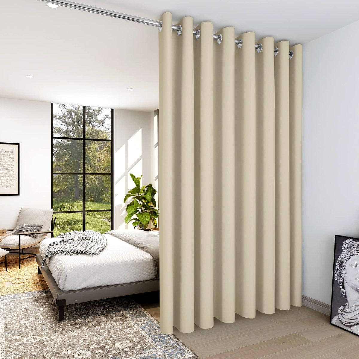 Deconovo Extra Wide Curtains (15Ft Wide X 8Ft Tall, 1 Panel, Beige) Blackout Curtain Screen, Thermal Curtains Grommet Top, Sound