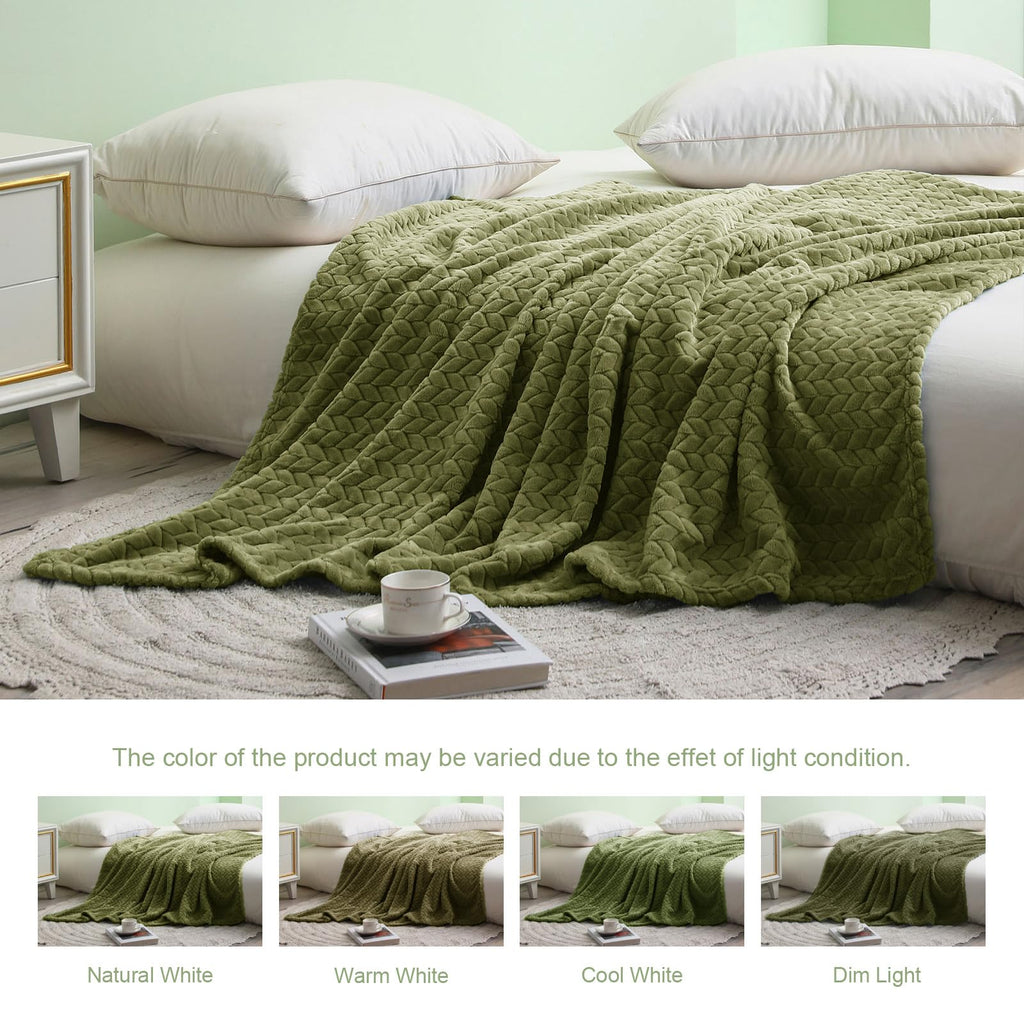 Exclusivo Mezcla Olive Green Fleece King Size Blanket For Bed, 90X104 Inches Soft Cozy 3D Decorative Jacquard Flannel Blankets,