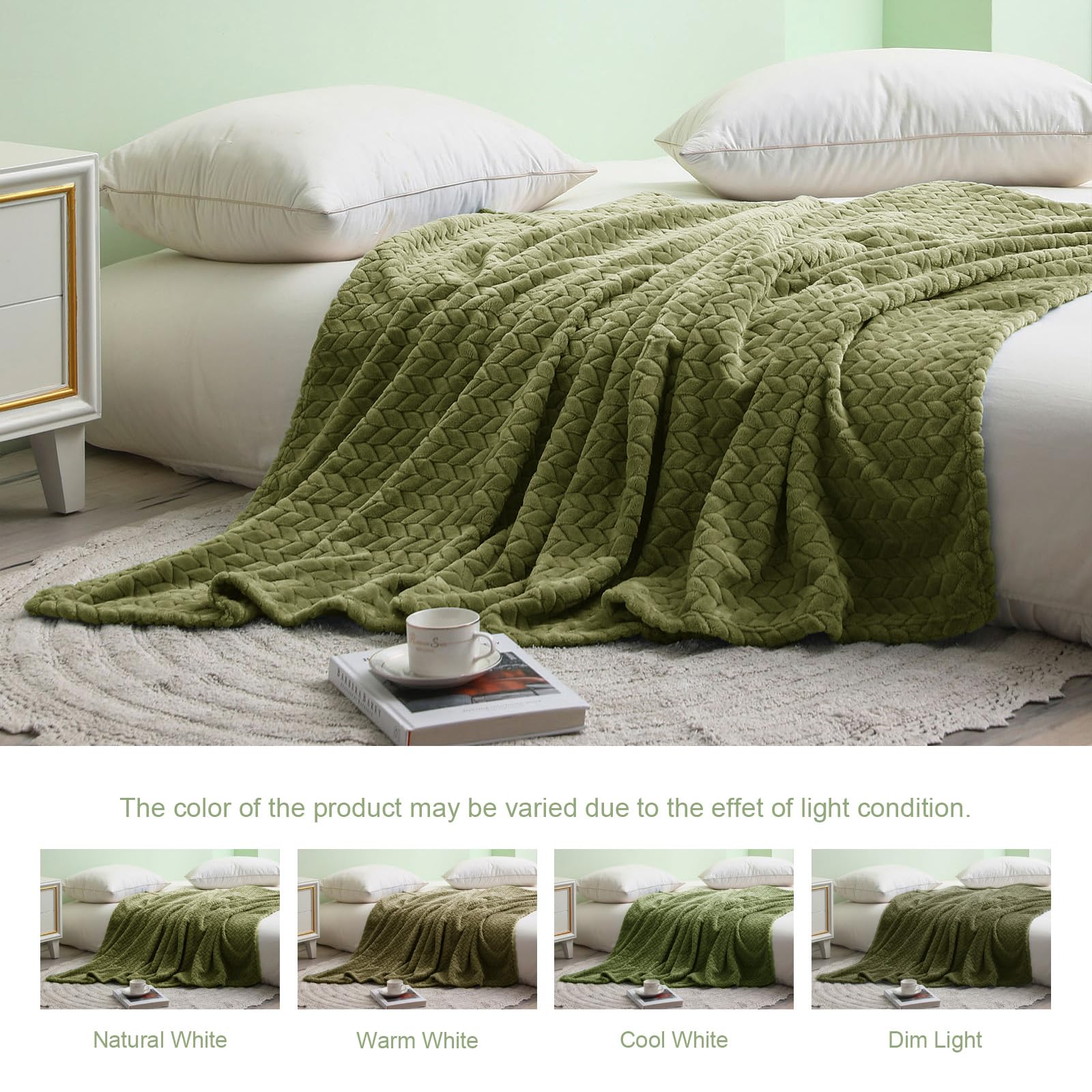 Exclusivo Mezcla Olive Green Fleece King Size Blanket For Bed, 90X104 Inches Soft Cozy 3D Decorative Jacquard Flannel Blankets,