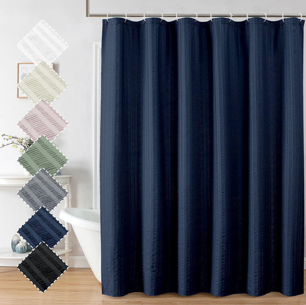 Aiyufeng Moga Navy Blue Fabric Shower Curtains For Bathroom - Blue Hotel Spa Polyester Cloth Bath Curtain With 12 Holes, 72X72,