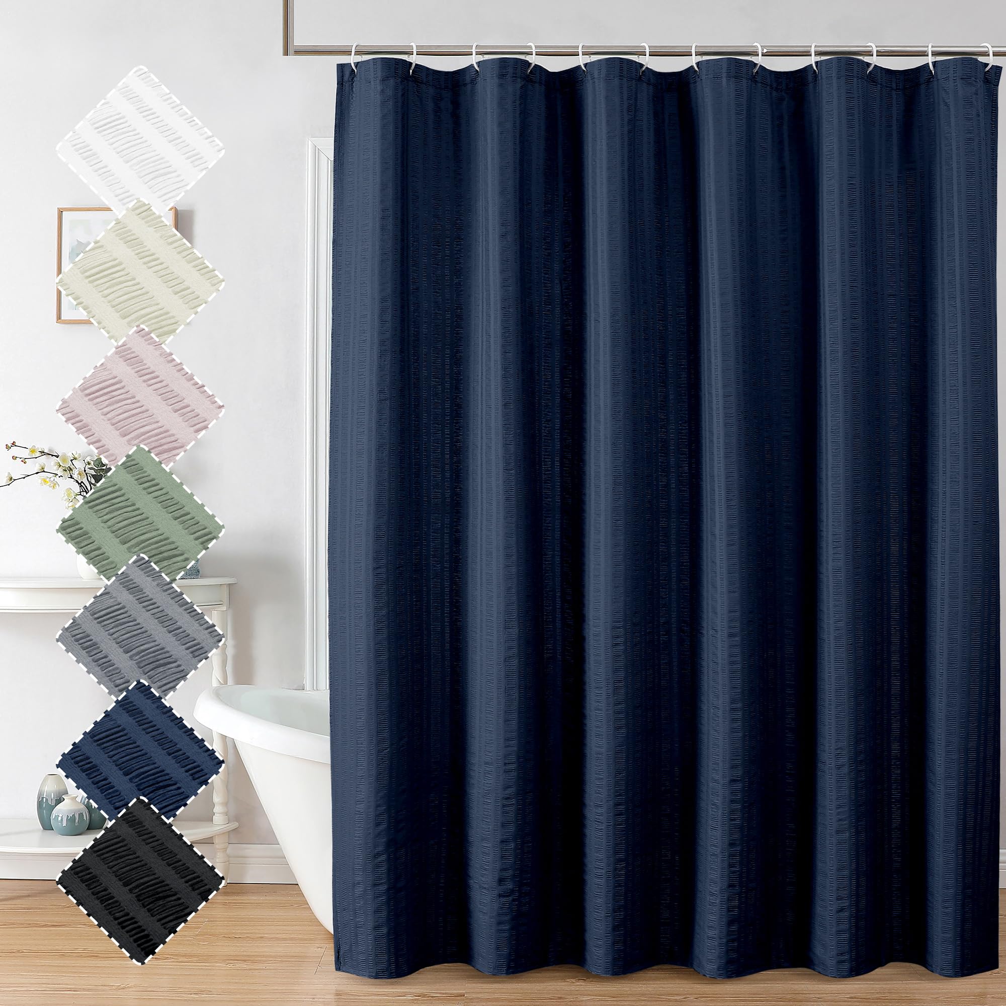 Aiyufeng Moga Navy Blue Fabric Shower Curtains For Bathroom - Blue Hotel Spa Polyester Cloth Bath Curtain With 12 Holes, 72X72,