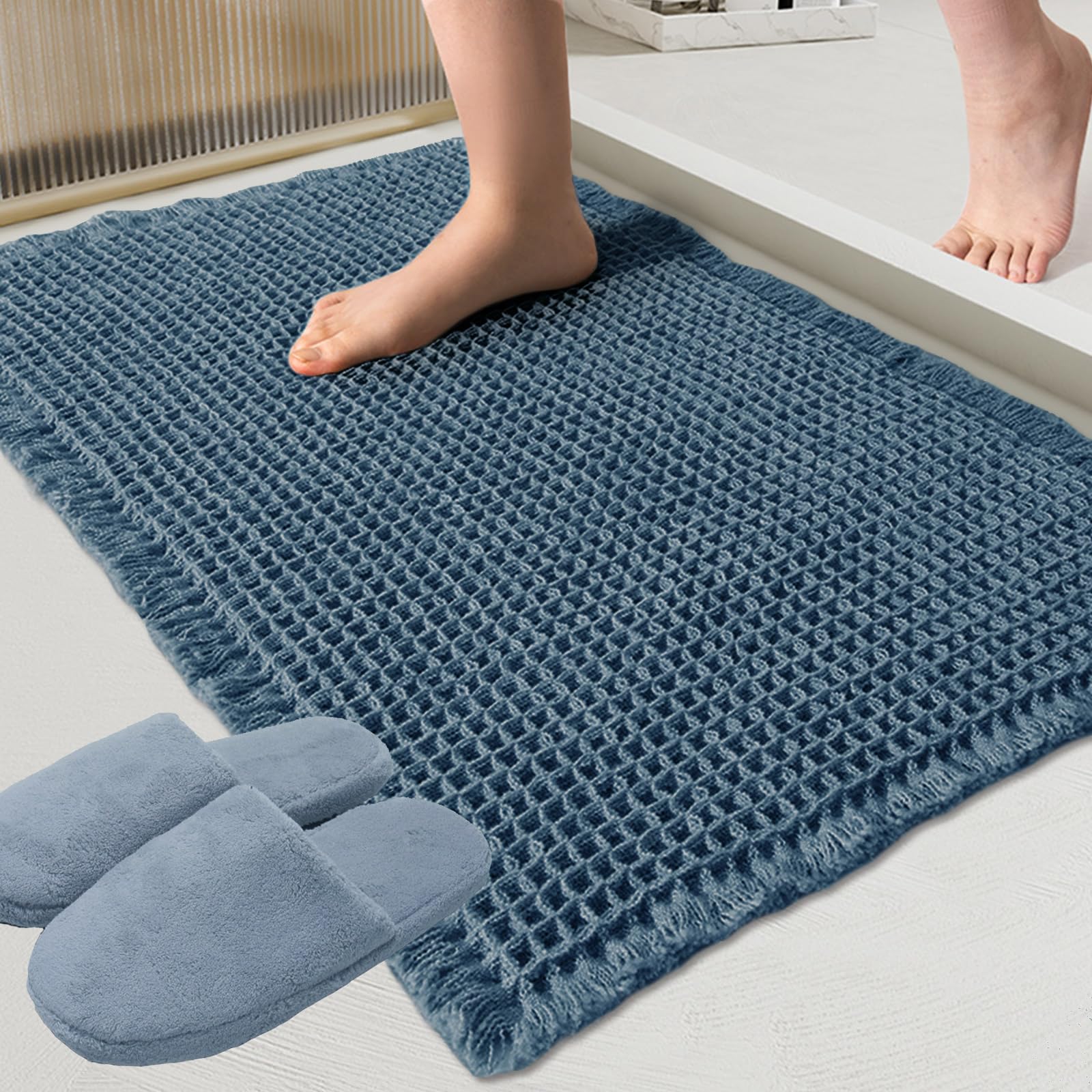 ZALL Blue Waffle Bath Mat,Super Absorbent Non Slip Bathroom Rug, 24x72inch, Machine Washable Ultra Soft Floor Mats
