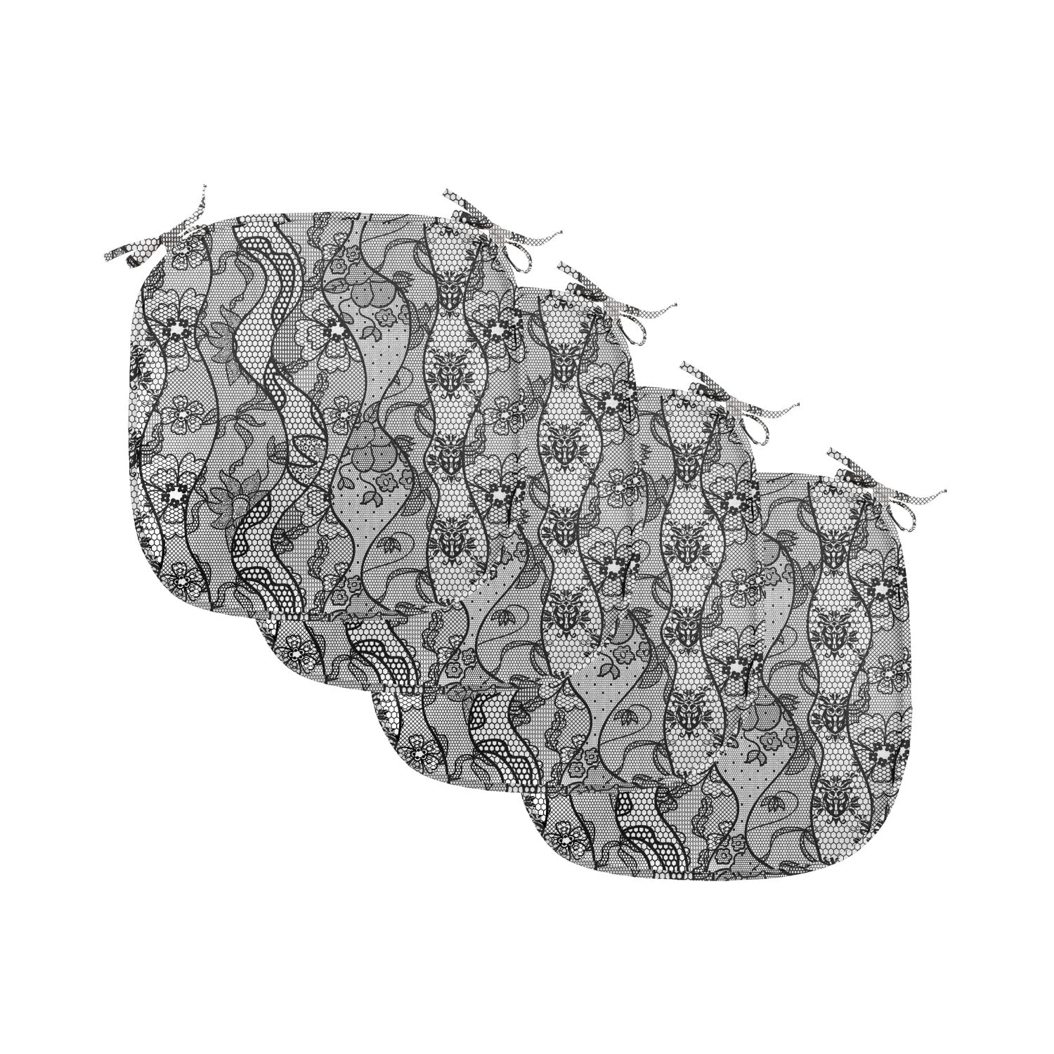 Ambesonne Floral Chair Seating Cushion Set of 4, Lace Gothic Pattern with Flower Effect and Leaves Ornamental Antique Feminine D