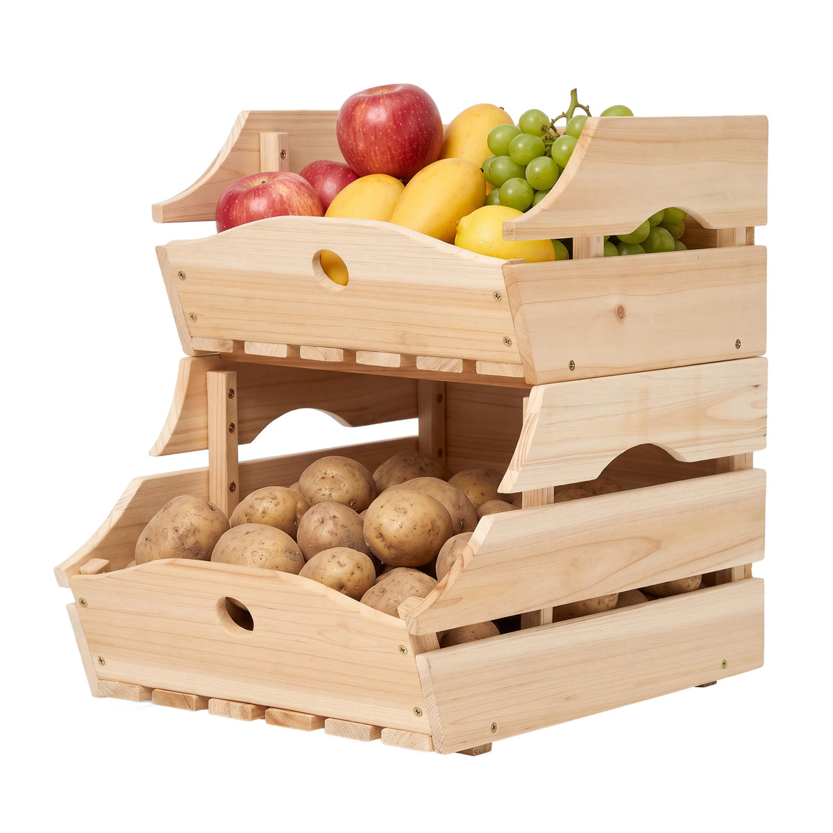 Stackable Wooden Storage Bins, Kitchen Counter Organizer with Handles, Produce Basket for Fruits, Vegetables, Potatoes, Onions, 