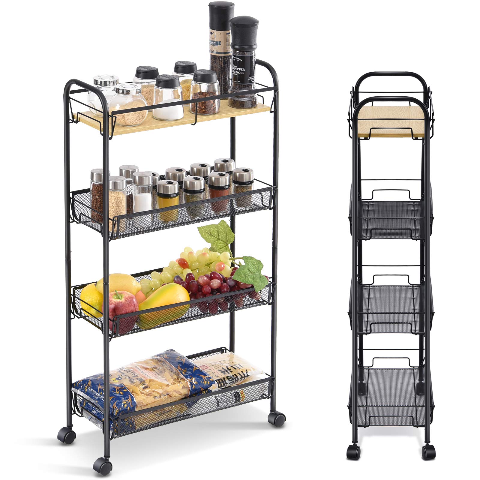 Kingrack 4-Tier Slim Rolling Cart,Metal Utility Cart,Slide Out Storage Cart With Wooden Tabletop And Mesh Baskets For Narrow Space On Kitchen Bathroom Laundry Room Bedroom Apartments Dormitory, Black